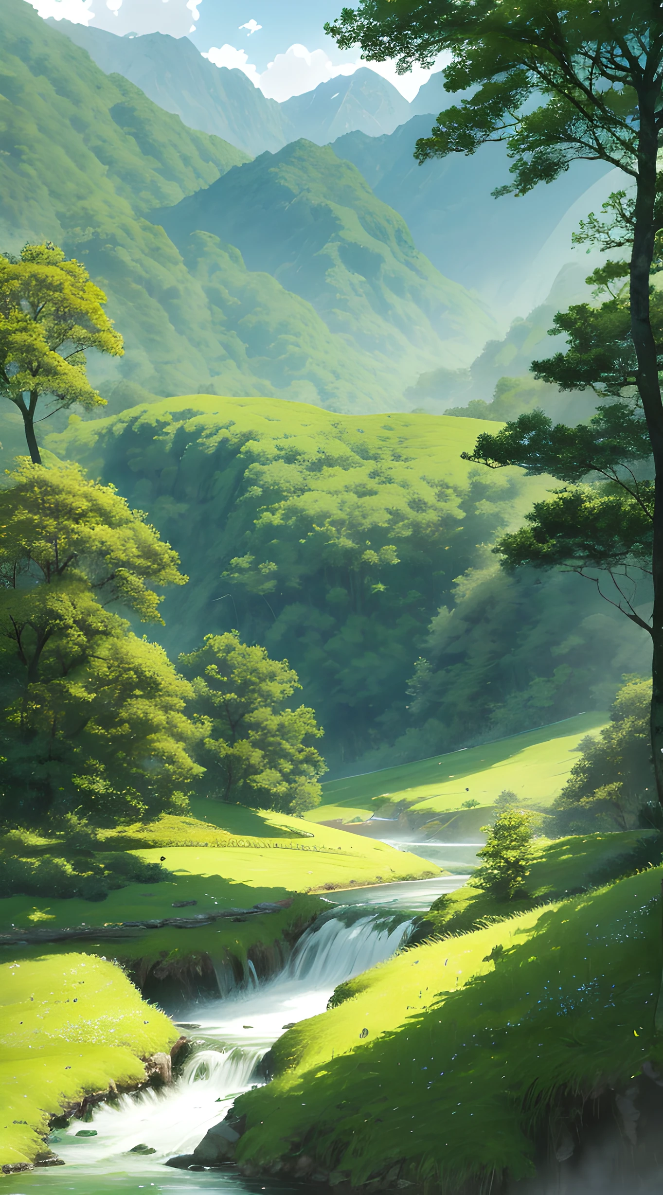 A green forest stretches out,Mountains in the distance。
break
The most suitable effect for this scene is the watercolor technique,to capture the softness of the grass and the fluidity of movement。