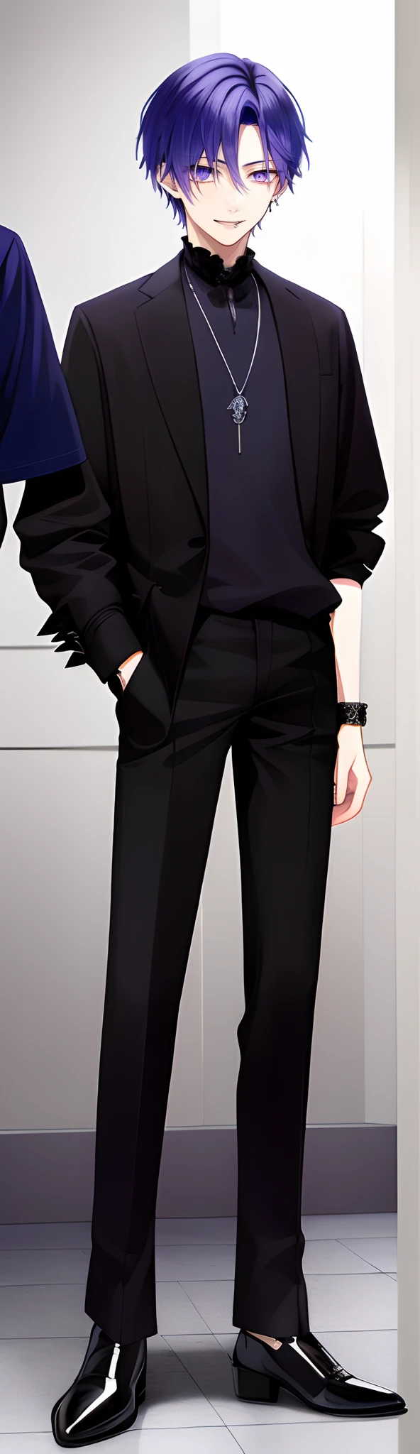 masterpiece, top-quality, 2Others, Male couple, 1 man and 1,, Adults, Height difference, different fashion, different color, finely eye and detailed face, intricate detailes, Casual clothing, Oversized shirt, Modern urban streets, A smile, Happiness, tenderness, queers, high-level image quality、 Two beautiful men、tall、The upper part of the body、nightfall、nighttime scene、𝓡𝓸𝓶𝓪𝓷𝓽𝓲𝓬、Korean Male, Idol Photos, k pop, Professional Photos, Vampires, Korean fashion in black and white, Fedoman with necklace, inspired by Sim Sa-jeong, androgynous vampire, :9 detailed face: 8, extra detailed face, detailed punk hair, ((eyes are brown)) baggy eyes, Seductive. Highly detailed, semi realistic anime, Vampires, hyperrealistic teen, delicate androgynous prince, imvu, short hair above the ears, Man with short hair, Purple-haired man with a glaring expression and a man with light blue hair with a gentle expression, With a short-haired man with bright purple hair, Man with light blue hair