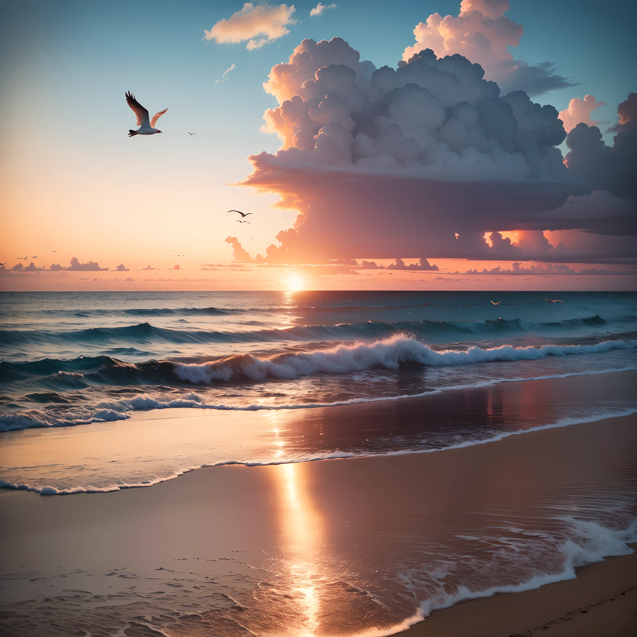 Imagine a sky with shades of orange and pink, Reflecting on the calm sea water. Soft white sand that extends as far as the eye can see, com algumas palmeiras espalhadas pela costa. Add some flying birds to the background, completando a cena serena e relaxante. --auto