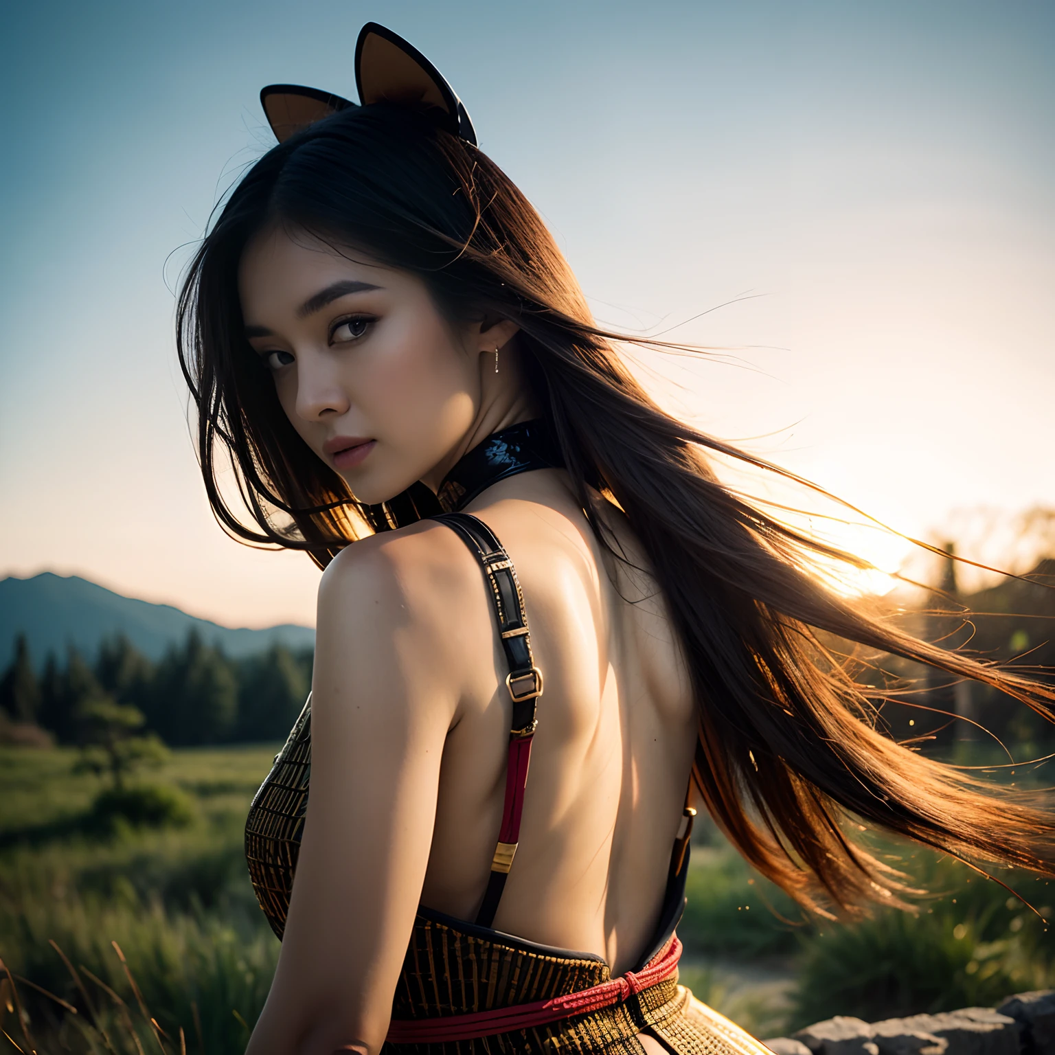 (best quality, masterpiece), 1girl, samurai, particle, wind, looking at viewer, fox ear, monsters in background, backlighting, upper body, pose