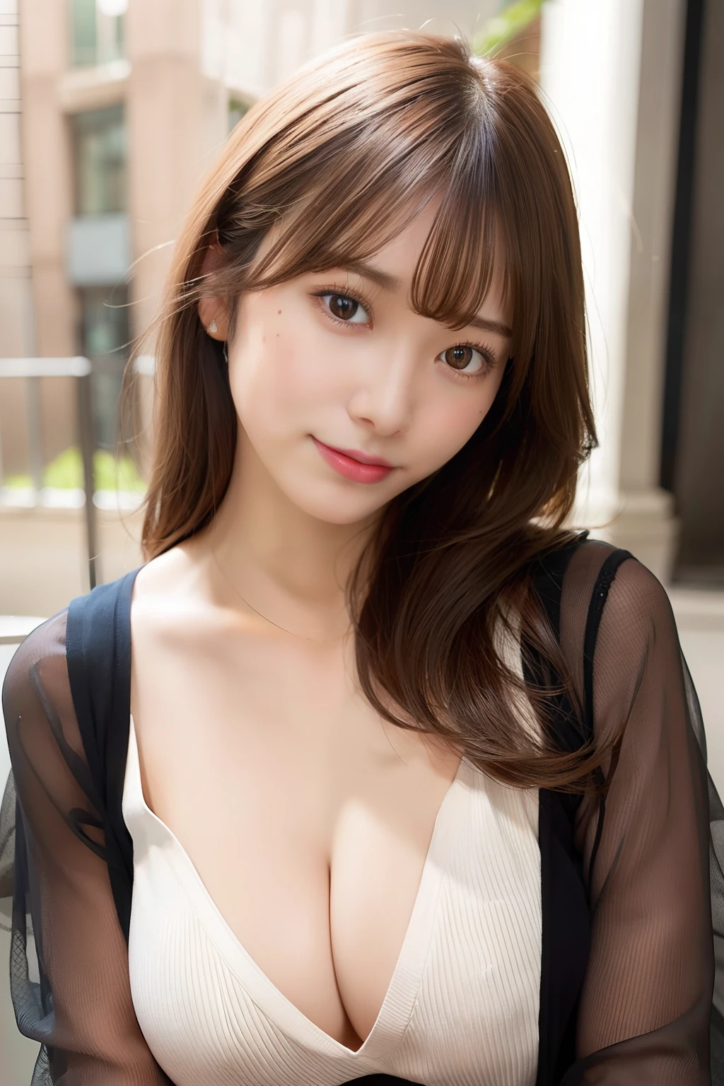 1girl, solo, realistic, cleavage, brown hair, mole, (looking at viewer), lips, brown eyes, huge breasts, upper body, mole, mole on breast, miyu kishi,  smile, (photorealistic:1.4)