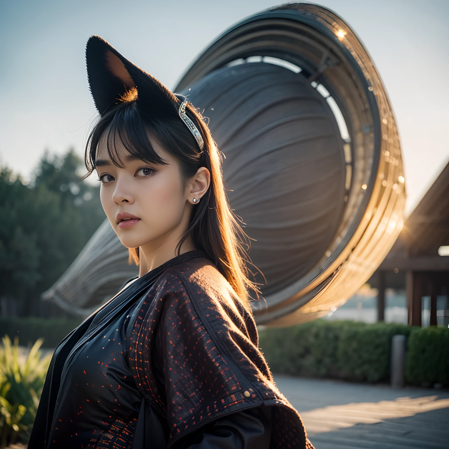 (best quality, masterpiece), 1girl, samurai, particle, wind, looking at viewer, fox ear, monsters in background, backlighting, upper body, pose