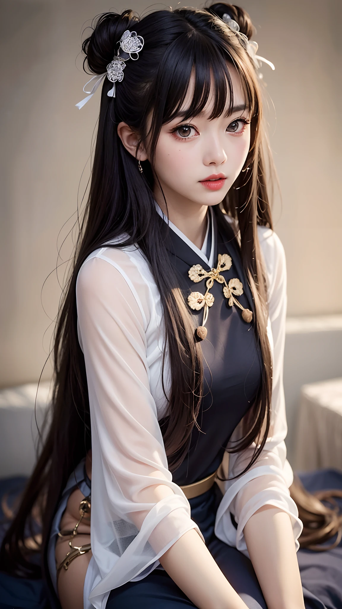 high detal,8K分辨率,超高分辨率,A young girl, a cute girl,lipsticks,Long flowing black hair,waved hair,Colorful clear eyes,Smooth hair,鎖骨,Delicate and perfect facial features, the most beautiful big eyes,Long eyelashes,The eyes are sweet and there are lying silkworms,ssmile,dynamic angle,extreme picture quality,Highest precision,Precise and perfect human anatomy,(Wearing a black Hanfu shirt,(gossamer,Silky)),Kneeling pose,bust,on top of the bed,Best looking big eyes,long eyelasher,lipsticks,There are two small red bows on the head,Long hair,Long curved hair