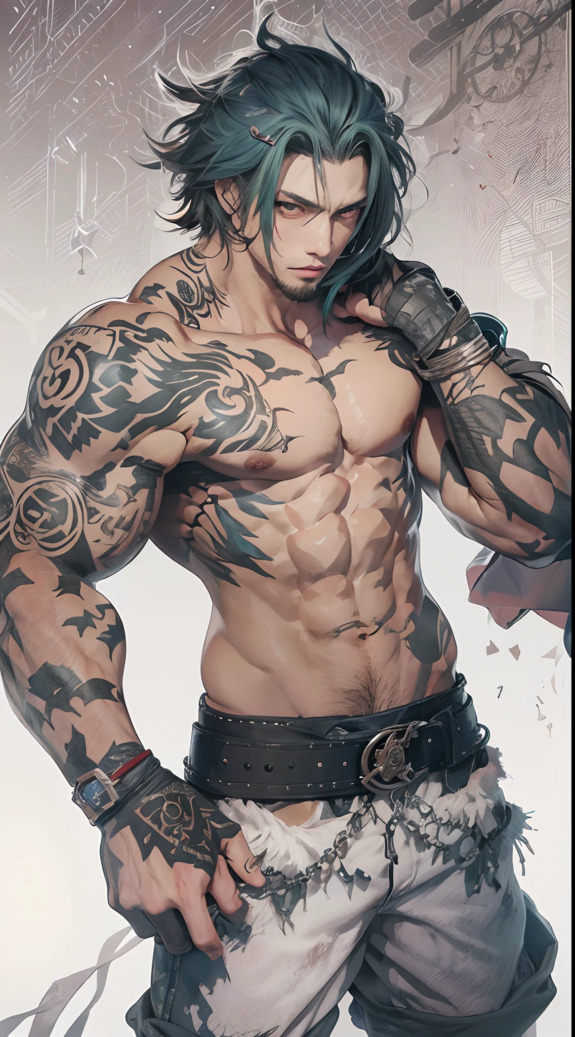 Un primer plano de un hombre rudo con tatuajes en el pecho y brazosas,en un gimnasio de boxeo,Chico guapo en el arte de Demon Slayer, Personaje masculino de anime, Arte detallado del personaje de anime, inspired by Itō Ogura Yonesuke, muscular character, Personaje de anime, Estilo anime masculino, Personaje de estilo anime, inspired by Munakata Shikō, Cuerpo completo del personaje, Arte digital de Danganronpa,alta calidad,muy detallado,pelo corto,ojos oscuros,mirada desafiante,cadenas,sin camisa,reloj,pulceras,tatuajes detallados por todo el cuerpo,