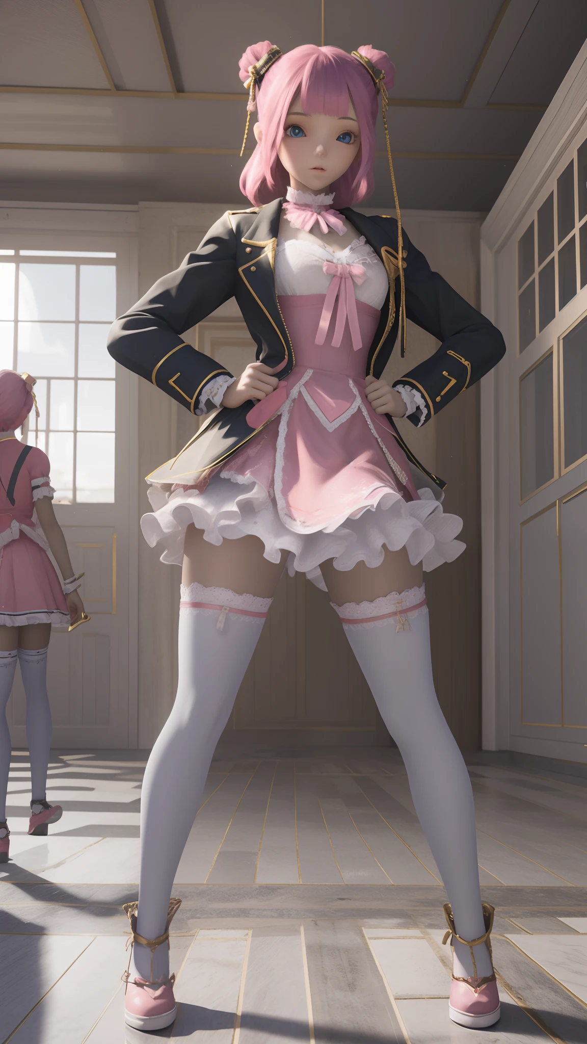 There is a woman in a short skirt and jacket posing for a photo, Surrealism female students, Surrealism female students, Realistic schoolgirl, photorealistic anime girl rendering, small curvaceous , thighhighs and skirt, 3 d anime realistic, highly detailed giantess shot, Photorealistic anime, photorealistic full body, [ 4 K photorealism ]!!