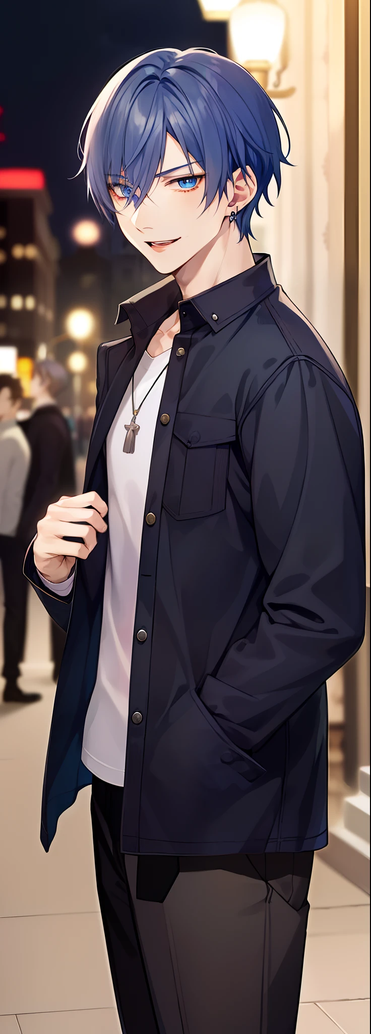 masterpiece, top-quality, 2Others, Male couple, 1 man and 1,, Adults, Height difference, different fashion, different color, finely eye and detailed face, intricate detailes, Casual clothing, Oversized shirt, Modern urban streets, A smile, Happiness, tenderness, queers, high-level image quality、 Two beautiful men、tall、The upper part of the body、nightfall、nighttime scene、𝓡𝓸𝓶𝓪𝓷𝓽𝓲𝓬、Korean Male, Idol Photos, k pop, Professional Photos, Vampires, Korean fashion in black and white, Fedoman with necklace, inspired by Sim Sa-jeong, androgynous vampire, :9 detailed face: 8, extra detailed face, detailed punk hair, ((eyes are brown)) baggy eyes, Seductive. Highly detailed, semi realistic anime, Vampires, hyperrealistic , delicate androgynous prince, imvu, short hair above the ears, Man with short hair, Purple-haired man with a glaring expression and a man with light blue hair with a gentle expression, With a short-haired man with bright purple hair, Man with light blue hair