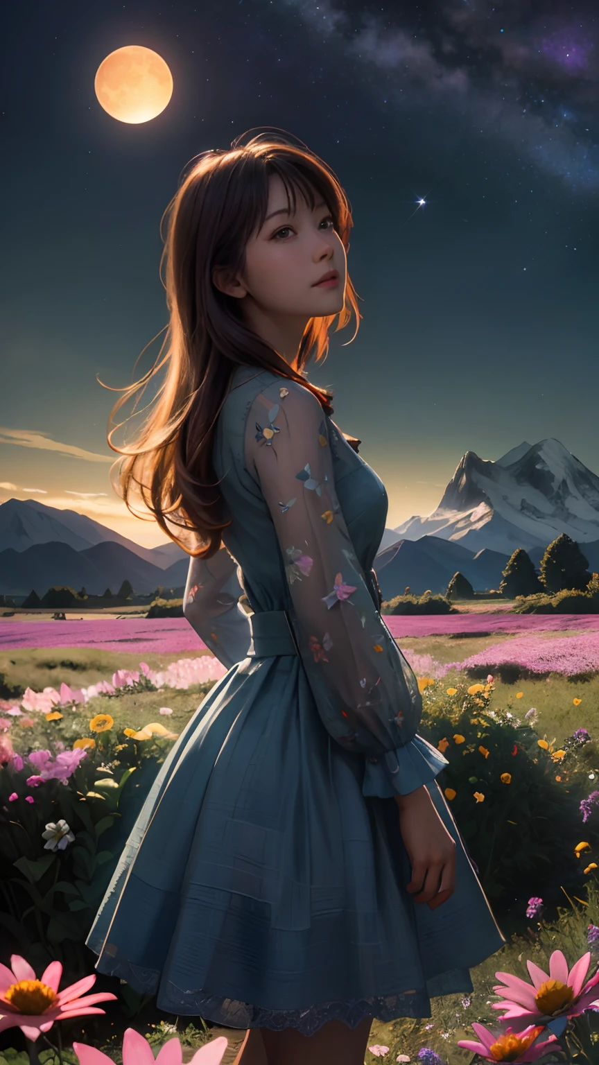 Expansive landscape photography,(a bottom view showing the sky above and open country below),a girl standing in a field of flowers looking up,(moon full:1.4),(meteors:0.9),(Starcloud:1.3),mountain in the distance,tree-breaking production art,(Warm light source:1.2),(glowworm:1.2),lamp lights,Lots of purple and orange,Complicated details,Volumetriclighting,BREAK realism(tmasterpiece: 1.2) , (best qualtiy), 4K, ultra - detailed, (Dynamic synthesis: 1.4), highly detailed, Colorful detailed, (Irridescent color: 1.2), (Bright lighting, Atmospheric lighting), dream magical, magic, (独奏: 1.2)