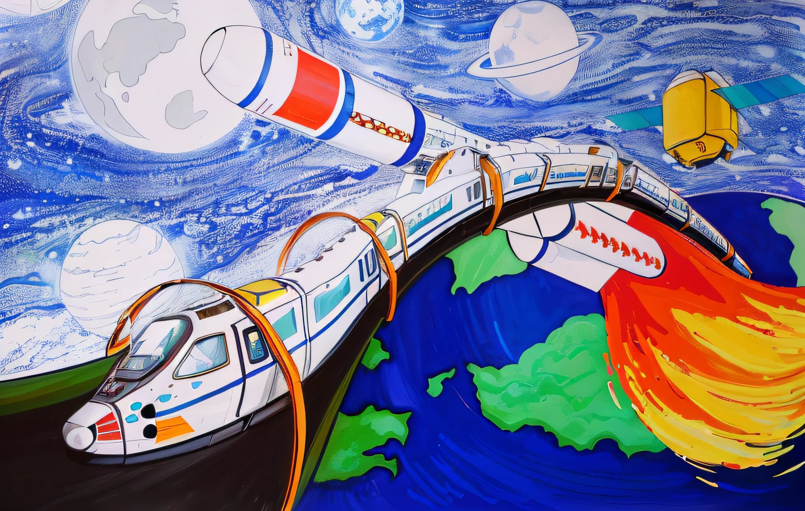 Painting of a train moving on earth，Rockets come out of it, big train in space, supersonic trains and passengers, Inspired by Robert McCall, painting of ornate space ship, Inspired by Boris Kustodiev, spaceship in the sky, author：Luis Molinari, space tourism, Inspired by Jan Konupec