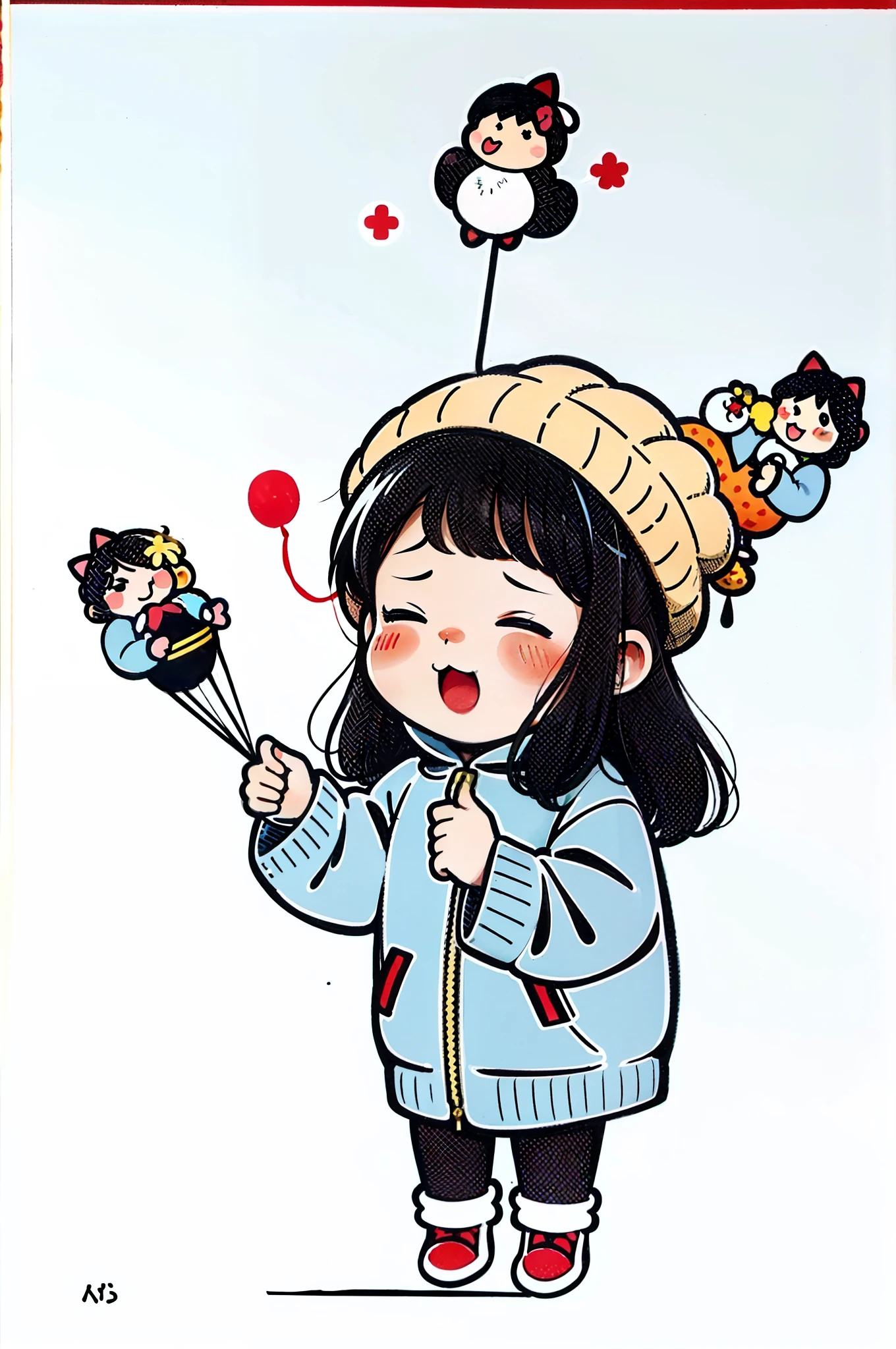 Cute cartoon, chibi girl, Cute cartoon style, cute character, Cute anime, Chibi anime girl, cute artwork, Cute anime style, Anime moe art style,balloons,Skysky,Clouds,adolable,sprout,围巾,Winter hat,himawari,baby cats,snowflower,Angry cute blush,yukito,dances,Sing,Red clothes,short skirt,having fun,Balloons in hand,a puppy dog