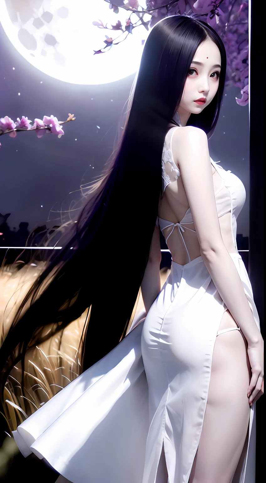 best quality,(((nstw))),1 woman,curvy,pale skin,black hair,long hair,((white ao dai)),see through,giant butt,ahegao,naughty face,hand on own ass,back,looking at viewer,from below,garden,sunset,fellatio gesture,