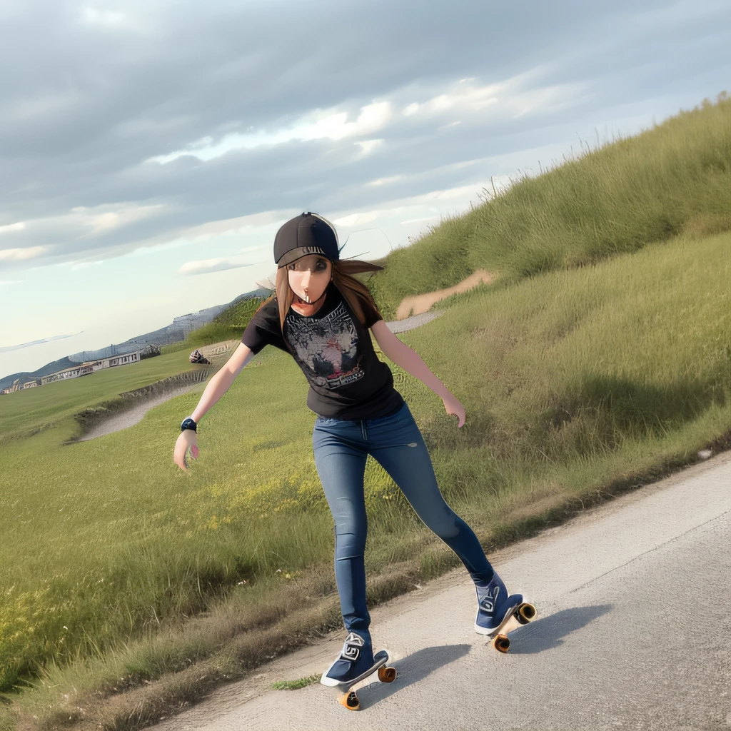 Arafed Mujer montando una patineta por una carretera al lado de un campo, patinaje, patines, Patinaje, patinadores, patines, patinadores, De pie en una patineta, in spain, hermosa vista, pasar un buen rato, Hermosas vistas, en un parque de patinaje, Ride a skateboard, De pie valientemente en el camino, in an action pose