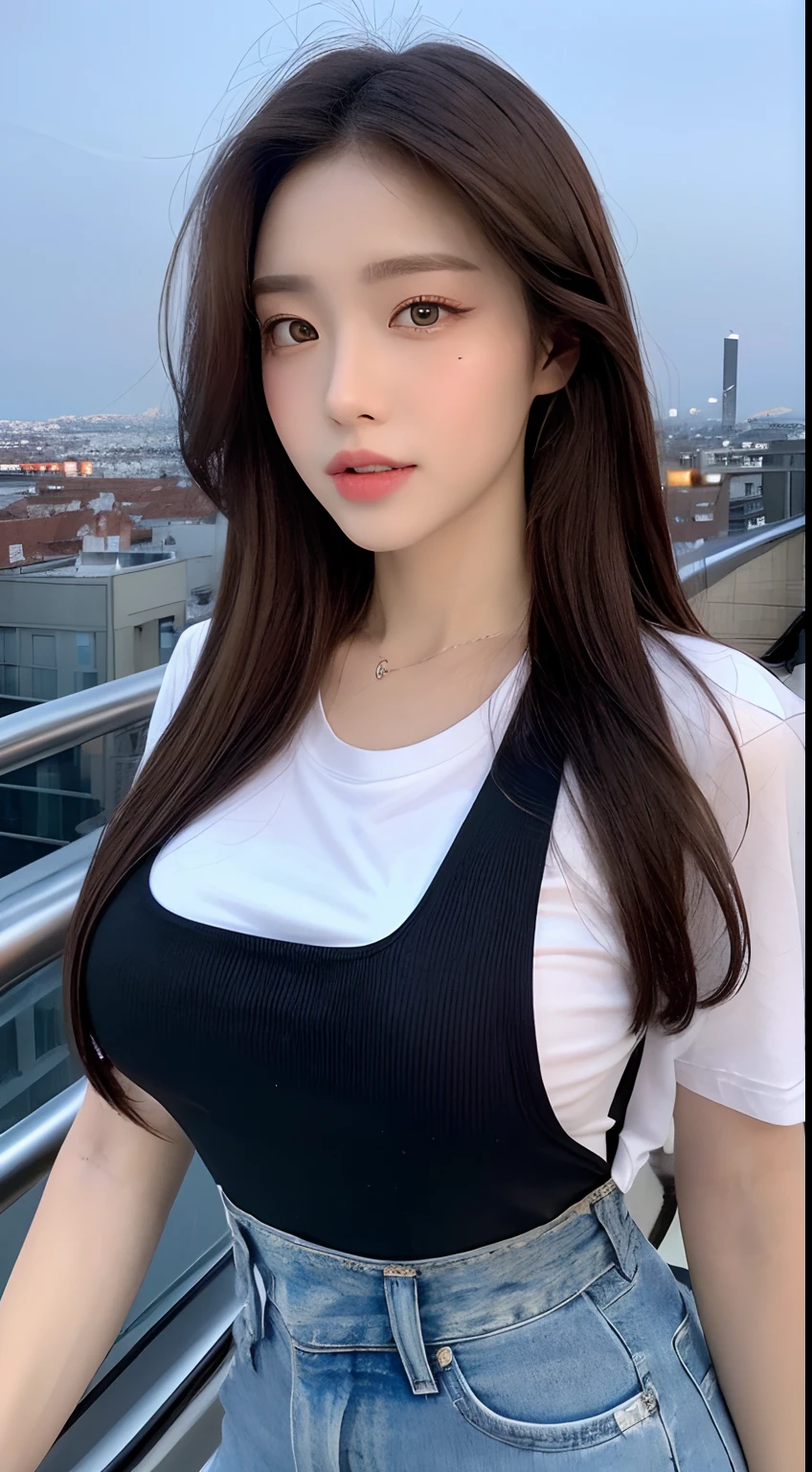 ((top quality, 8k, masterpiece: 1.3)), sensual woman, 1 girl, (slender figure: 1.2), dark brown hair, (outdoor, shirt, shorts: 1.1), ultra detailed face, detailed lips, detailed eyes, double eyelids, (huge breasts: 1.2)