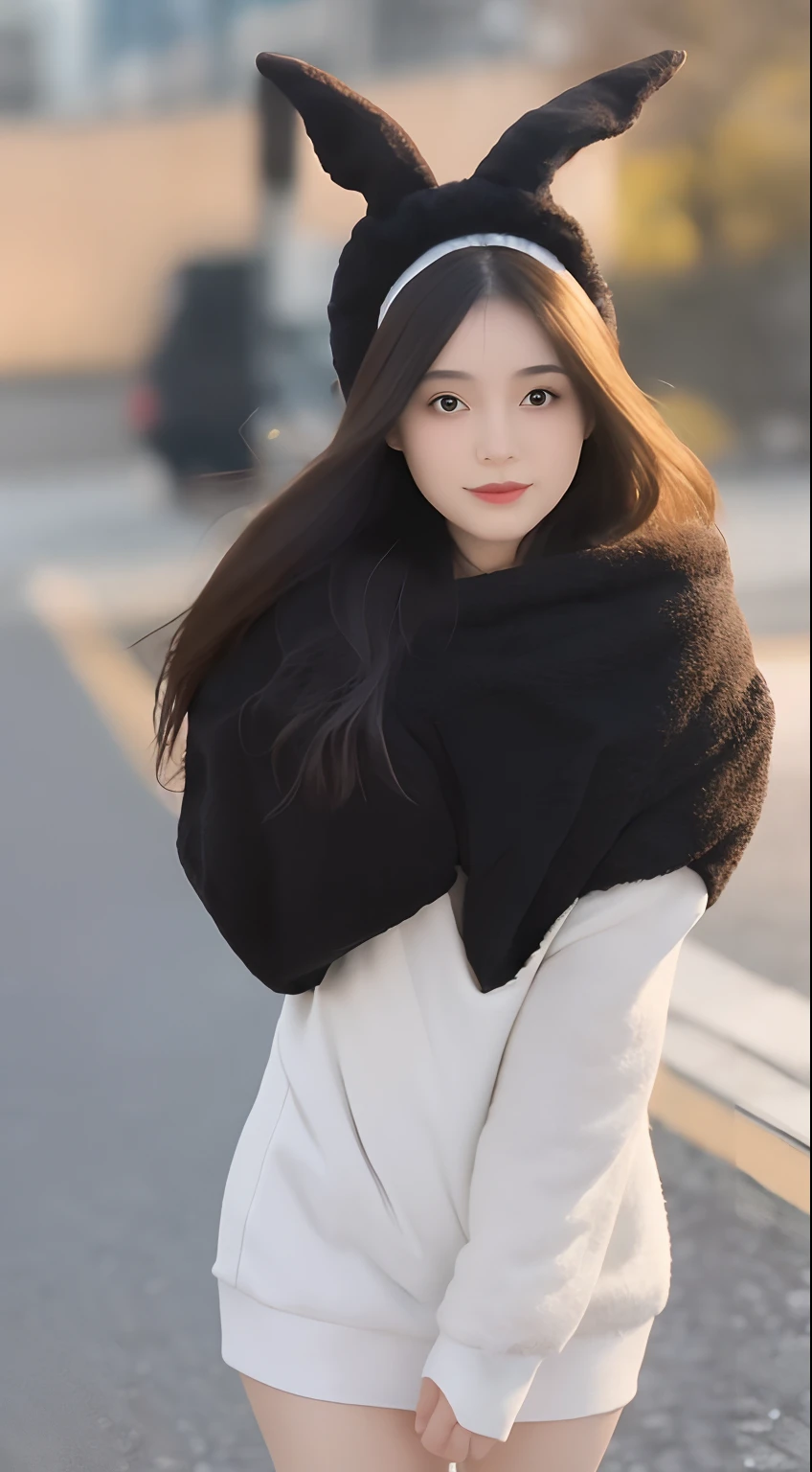 8K UHD, (High quality: 1.9), (3D: 1.9), (high resolution: 1.9), Ultra photo realsisim, great photo, as in real life, (photographic render: 1.9), (Darkness: 0.9), (Flashlight effect on photo: 1.5), Low shadow, Young charming Ukrainian woman photographed on white canvas background, Full growth view, Fluffy wild hair, Black hat, Plush rabbit ears, (largeeyes: 1.5), Big nose, realistic teeth, Plump lips, thin neck, small boobs, (Slim waist: 1.9), (Wide pelvis: 1.9), The girl raised her hands, Ukrainian national embroidery: 1.9), Tight clothing, Wet, Smile, Realistic knees and elbows, Large