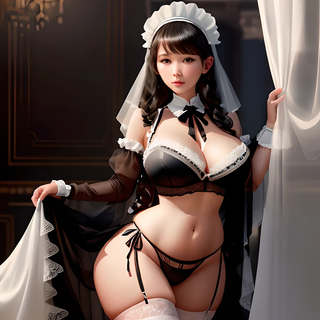 Black transparent underwear,White lace edges, white maid headdress,Bigboobs,((Big breasts)),french maid,Thigh thick,Childish face,high detail, sharp, high quality 4k, masterpiece, The hips are separated, no brassiere,Chest out