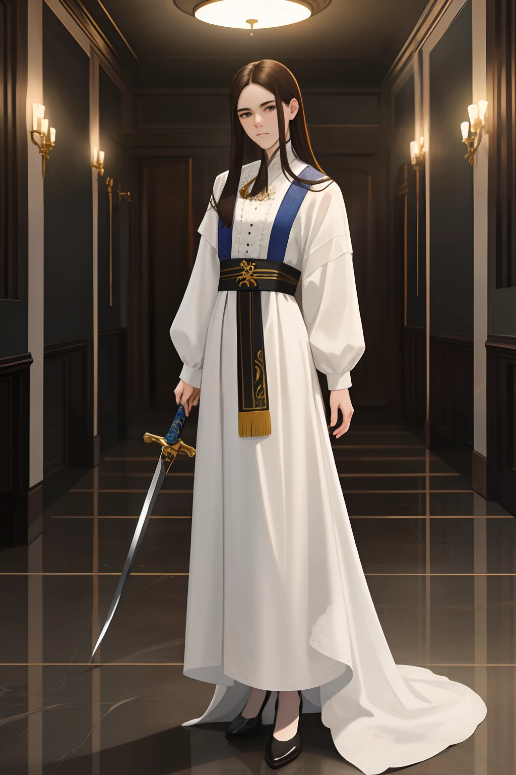NSFW, obra-prima, melhor qualidade, ultra-detalhado, semi-realista, detailedfacialfeatures, 1st grade, cabelo negro, cabelo longo, Olhos vermelhos, Wearing old Xianxia clothes standing holding a sword,graves, inside a hall,Uplighting,com uma garota,bela,sensual ao seu lado