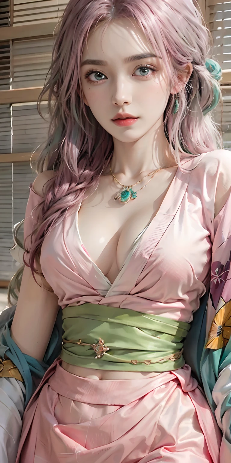 photorealistic, high resolution, soft light,1women, solo, ???? up, (detailed face), nami \(one piece\), tattoo, jewelry,Pink and green hair, Colored eyes, kimono, MitsuriDS, muscle