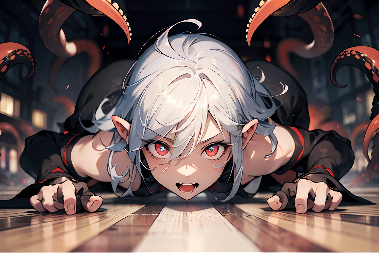 White hair，huge tentacles，many tentacles，Many octopus claws，hoang lap，uncanny，Atmosphere of despair，Abstract background，with multiple eyes，Tentacles have eyes，Perfect face，huge size eyes，red color eyes，opens his eyes wide，Motion blur，actionpose，dynamic blur，tmasterpiece，Rich graphics，Storytelling images，high qulity，blurryforeground，A high resolution，high detal