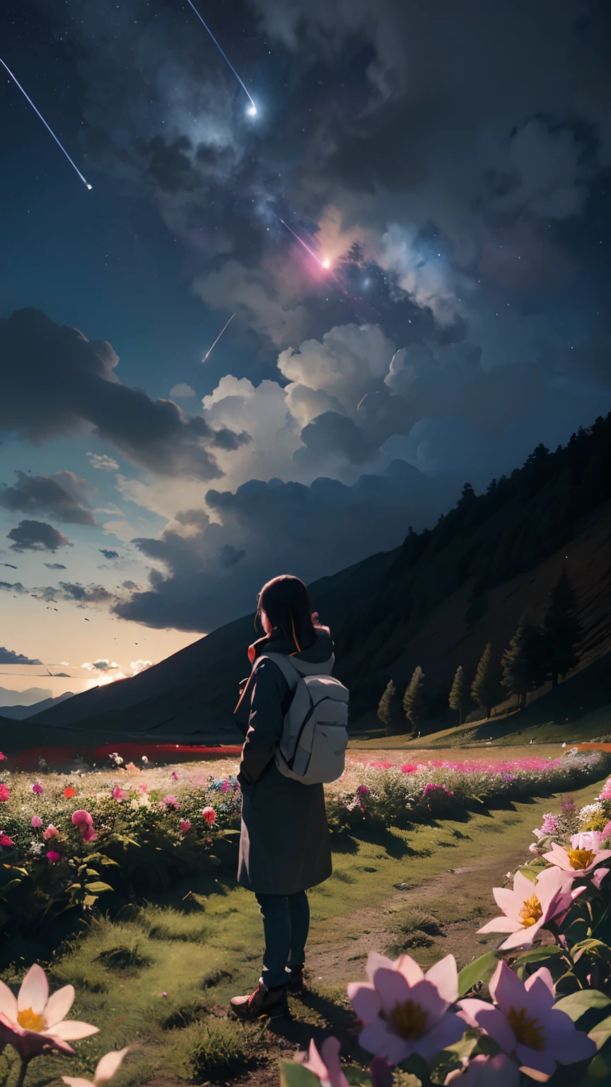 Expansive landscape photography,(a bottom view showing the sky above and open country below),a girl standing in a field of flowers looking up,(moon full:1.4),(meteors:0.9),(Starcloud:1.3),mountain in the distance,tree-breaking production art,(Warm light source:1.2),(glowworm:1.2),lamp lights,Lots of purple and orange,Complicated details,Volumetriclighting,BREAK realism(tmasterpiece: 1.2) , (best qualtiy), 4K, ultra - detailed, (Dynamic synthesis: 1.4), highly detailed, Colorful detailed, (Irridescent color: 1.2), (Bright lighting, Atmospheric lighting), dream magical, magic, (独奏: 1.2)