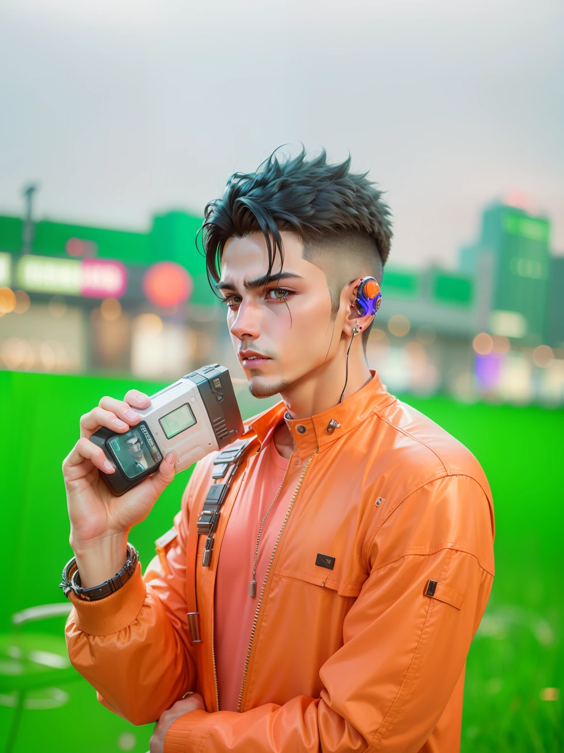 Change background cyberpunk handsome boy . realistic face.