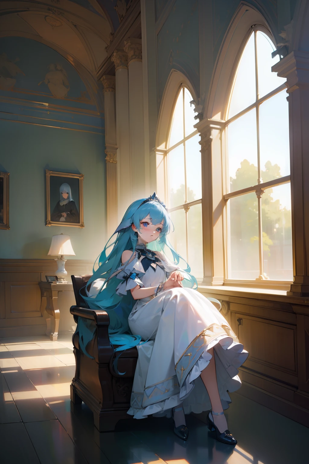 Raw photography, top-quality, ​masterpiece, extremely delicate and beautiful, ighly detailed, nffsw, Unity, 8k wallpaper, amazingly detail, detaile, ​masterpiece, top-quality, Official art, Highly detailed ticker Unity 8k wallpaper, ultra-detailliert, hight resolution, ighly detailed, Clair, Focus, (top-quality), (realisitic, Photorealsitic:1.6), 8K, Soft lighting, hightquality, lighting like a movie, 1girl in, central, full body Esbian, Light blue hair, (perspiring:1), Perfect fingers、Sister clothes、length hair、sitting on、Inside the museum