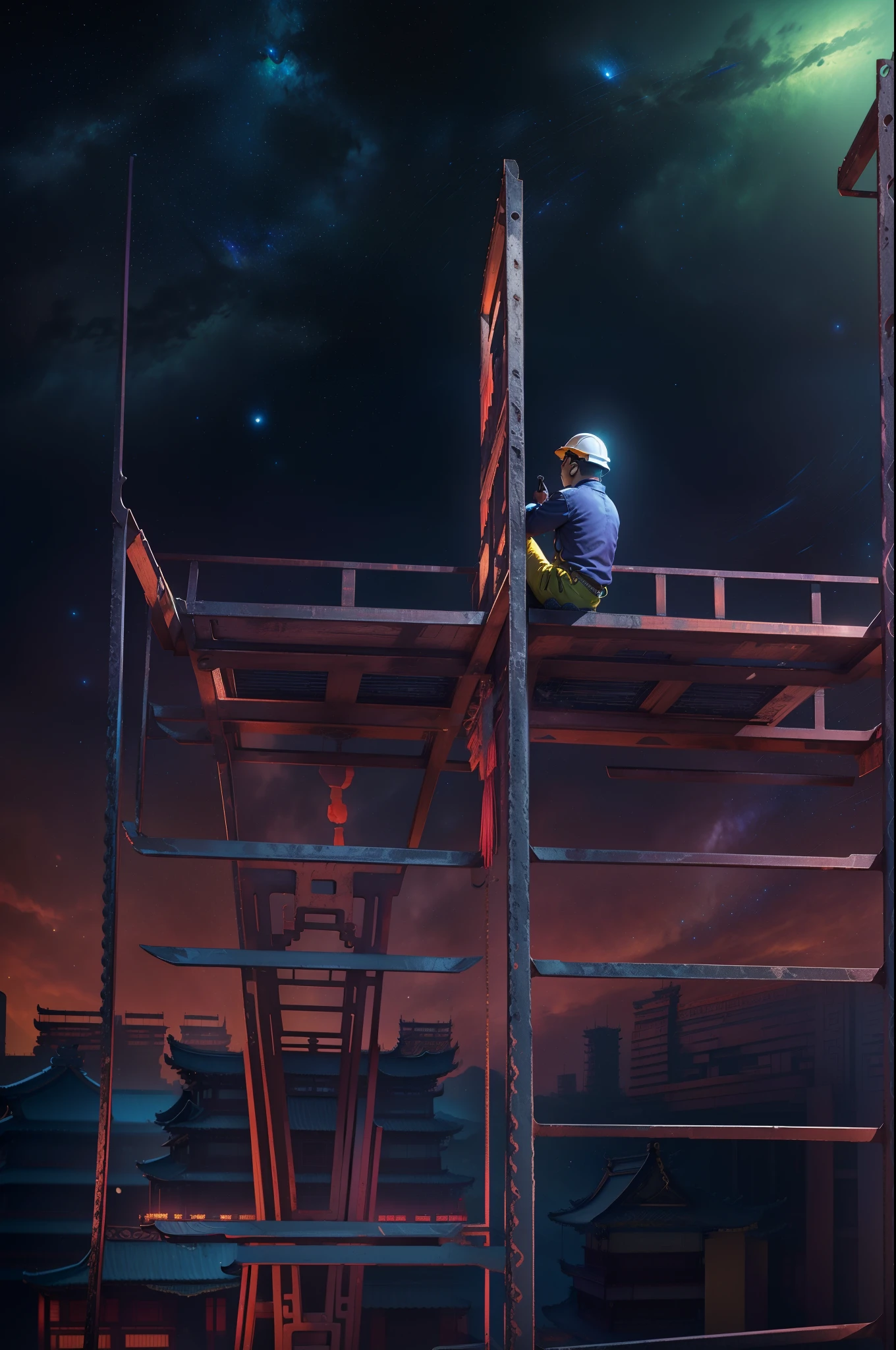 Expansive landscape photograph,Vast starry sky,look from down,Above is the sky,(((A Chinese construction worker sits on a steel frame and looks up at the stars:1.5)),(moon full:1.2),(meteors:0.9),(Starcloud),(Warm light source:1.2),(glowworm:1.2),lamp lights,Lots of purple and orange,Complicated details,Volumetric lighting BREAK(tmasterpiece:1.2),(best qualtiy),4K,ultra - detailed,(dynamic compositions:1.4),detail-rich,plethora of colors,(Irridescent color:1.2),(with light glowing,Atmospheric lighting),dream magical,magical,(独奏:1.2)Extremely detailed beauty, ridiculous, unbelievable Ridiculous, hugefilesize, ultra - detailed, A high resolution, The is very detailed, top-quality, tmasterpiece, illustratio, The is very detailed, NFFSW, unified, 8K picture wallpaper, magnifica, finedetail, tmasterpiece, top-quality, A highly detailed,hentail realism,photoreali,(realisticlying,photograph realistic:1.37),(natta),Back shadow