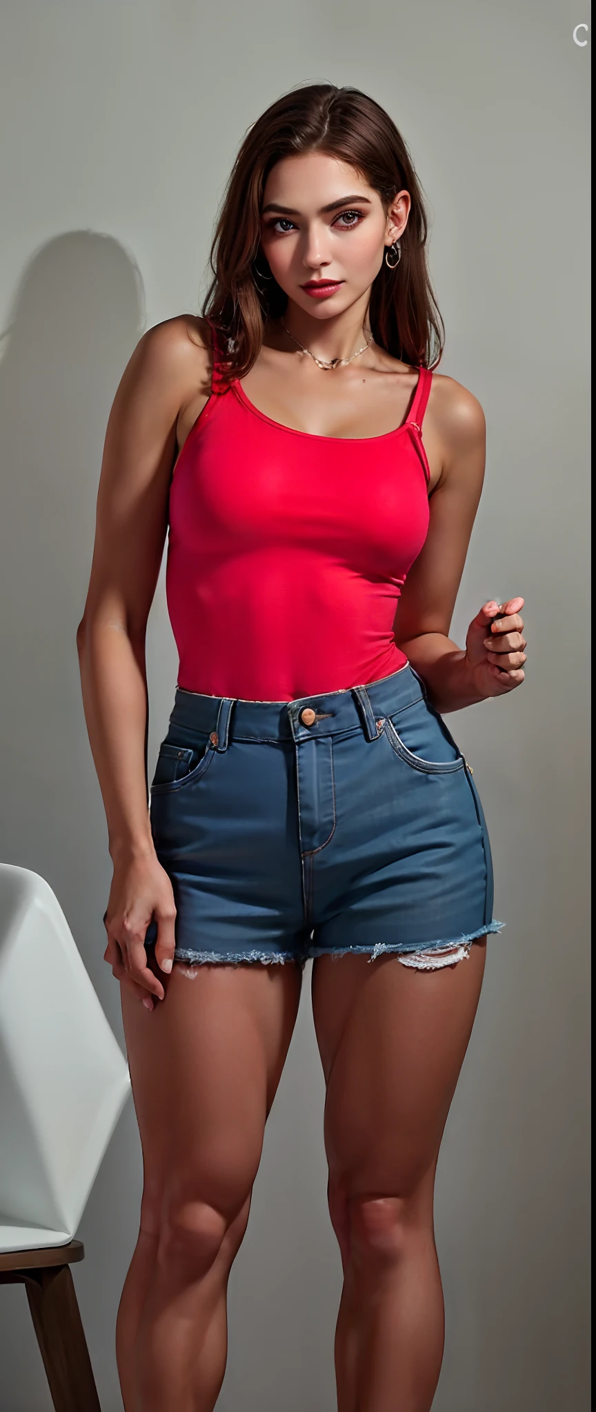 (masterpiece, best quality), 1 girl, blonde, crop top, denim shorts, bedroom, striped thighhighs,