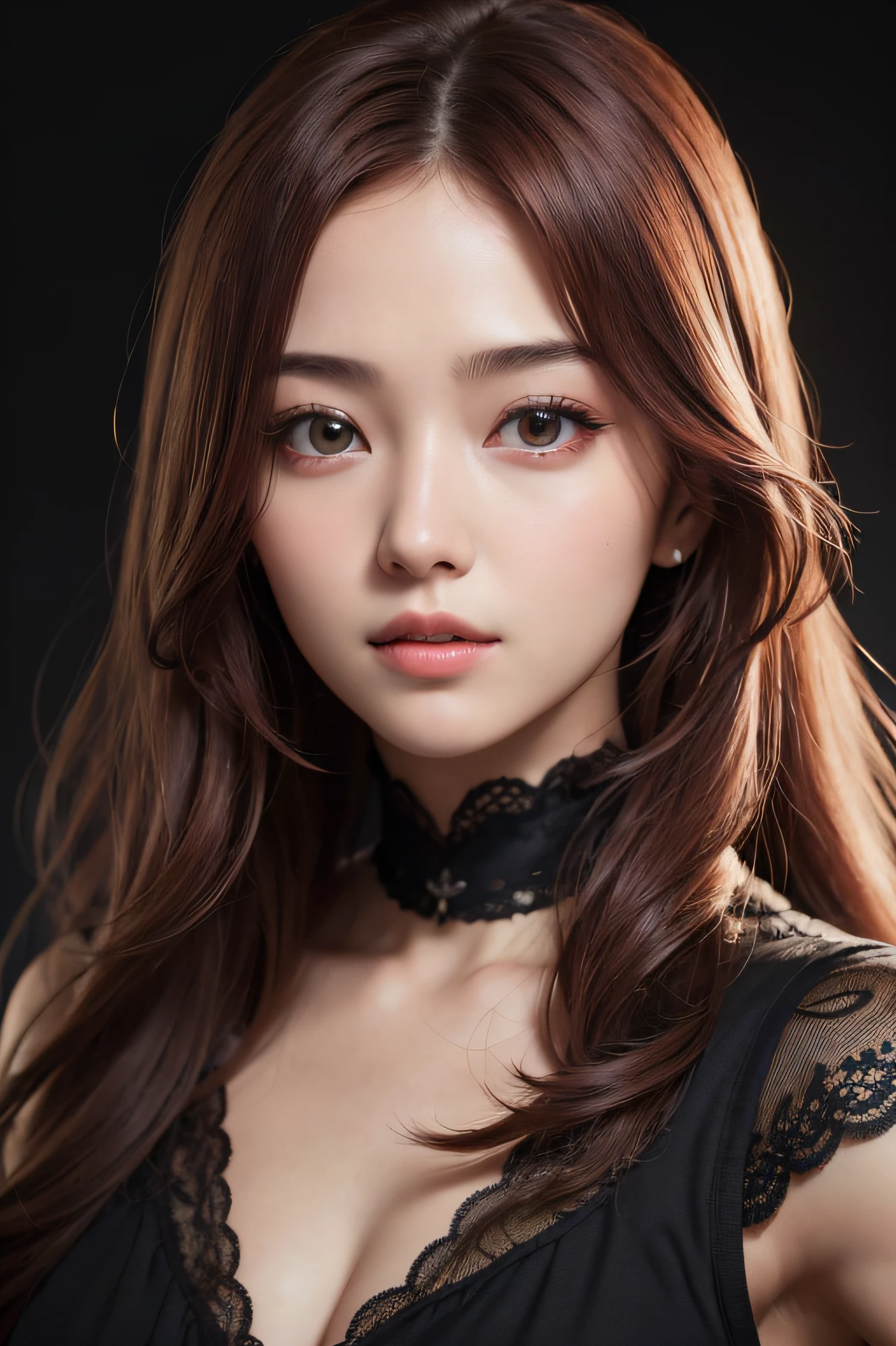 absurdres, 1girl, star eye, blush, (realistic:1.5), (masterpiece, Extremely detailed CG unity 8k wallpaper, best quality, highres:1.2), (ultra_detailed, UHD:1.2), (pixiv:1.3), perfect illumination, distinct, (bishoujo:1.2), looking at viewer, unreal engine, sidelighting, perfect face, detailed face, beautiful eyes, pretty face, (bright skin:1.3), idol, (abs), ulzzang-6500-v1.1, soft smile, upper body, (dark red hair), (simple background), ((dark background)), (depth of field), close-up, selfie