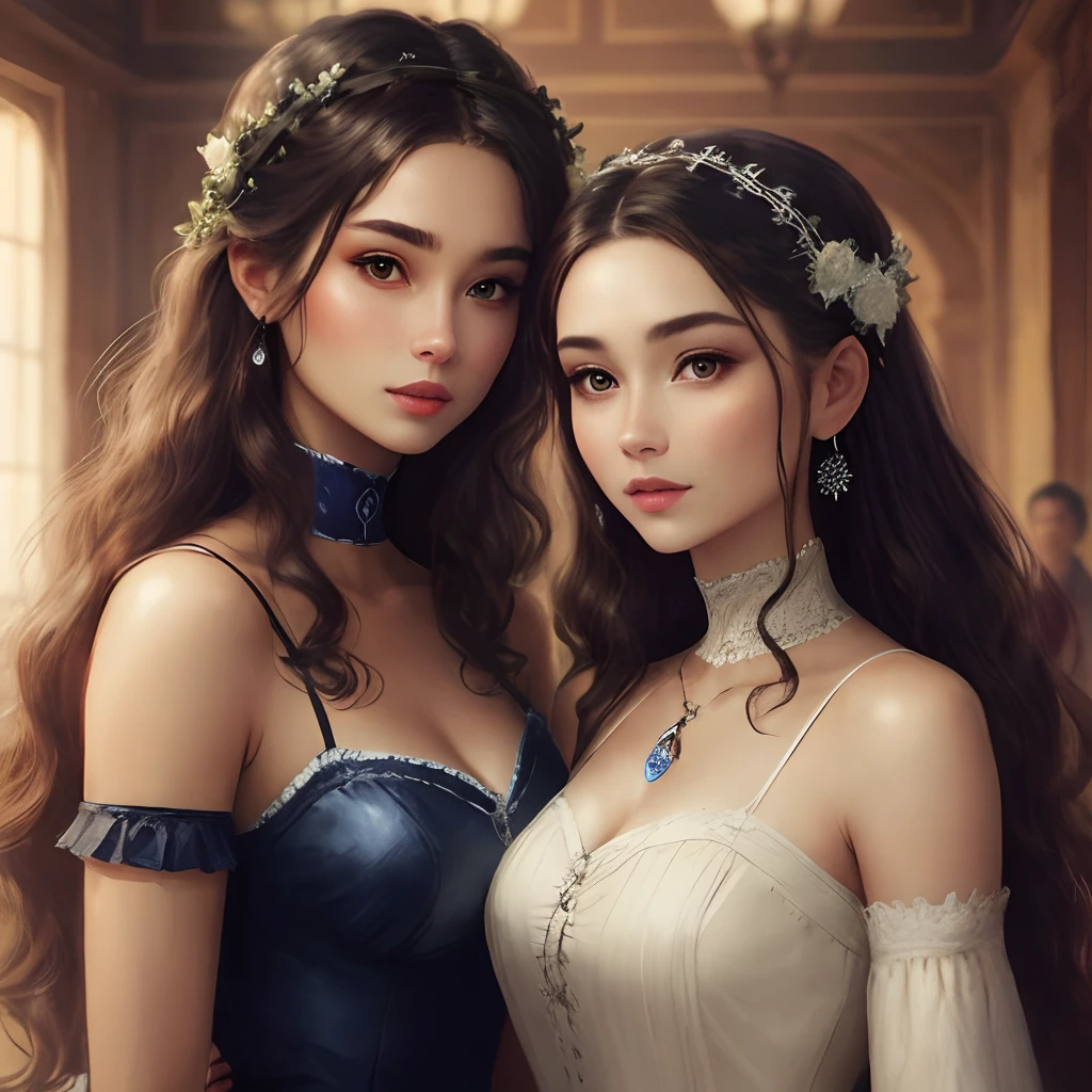 2girls,pov, women, seductive stare, ((((linked collar, collar linked together, collars linked, linked together)))), ((18 yo, detailed face, feminine skin)) , fit , (young) , beautiful , (((pale skin, wavy blonde hair))), dreamy, loving stare, bright magical fairytale fantasy atmosphere, sexy, flowers in hair, surrounded by flowers, happy, playful, ((big soft heavy breasts, busty cleavage, maid, huge tits)), in love, magical mist energy, hair flower, blush, pretty, elegant, cute, youthful, teen, teenager, choker, collar, ((huge hanging boobs)), (((Baroque court dress, fantasy, aesthetic of softness and gentleness and innocence and fertility, ruby necklace)))