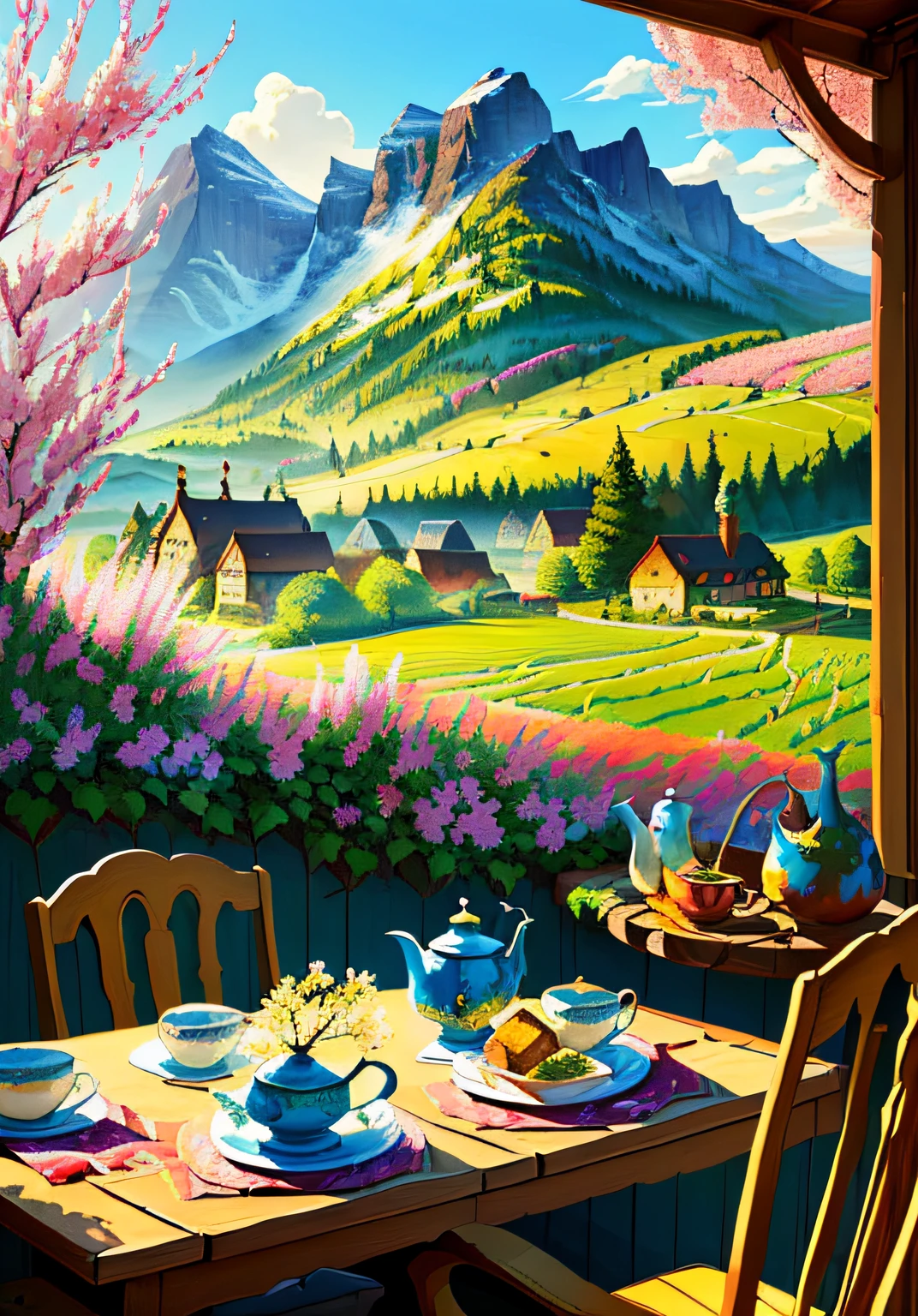 painting of a table with a tea pot and a plate of food, scenery art detailed, vibrant gouache painting scenery, scenery artwork, by Armin Baumgarten, ( art fitzpatrick ), by Tim Doyle, by Karl Gerstner, beautiful detailed scene, peaceful scene, springtime morning, summer afternoon, sunny morning light, detailed scenic view, by Franz Hegi