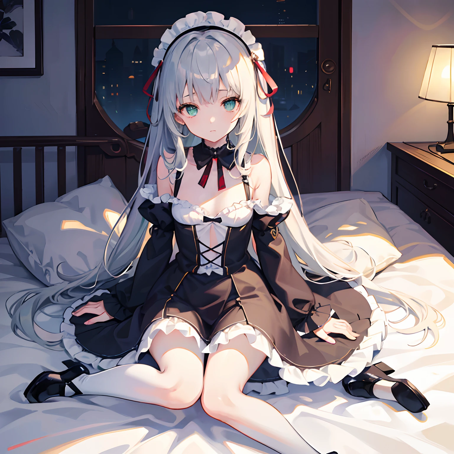 {1girll,独奏},(Loli body type:1.3),(Petite girl:1.2),(She lay flat on the bed:1.2),(face expressionless),(No mouth),(Tired girl:1.2),(Her clothes were not neatly dressed),(Her bra was not worn correctly),(s asleep:1.2)(Clearly visible body contours),(the night),Dimly lit room,table light,Look from the bottom up,down view,head to toe full body image,Green eyes,(Silver hair:1.2),Black and white maid outfit,Long hair,Very long hair,There is a red ribbon on the chest,Cute breasts, white stockings,bare shoulders,Separate the sleeves,(Best quality at best),(extremely detaile),(Unique),(Delicate background),(Masterpiece),(Ultra-high resolution),(Very detailed 8k wallpapers),cinmatic lighting,Volumetriclighting,light particules,Face Shadow,Fine beautiful face and eyes,depth of fields,(ssee-through),