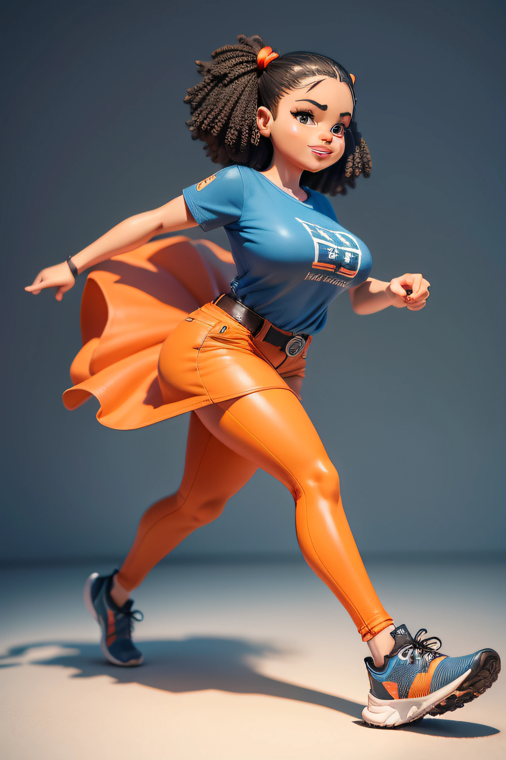 um designer de moda feminina bonita pequena, 45 anos de idade, huge head, cabelo grande e ruivo, rosto oval, sorriso, fit, alto, wearing a light orange dress and dark blue jeans and black running shoes, em uma moto, figuras de brinquedo, melhor qualidade, desenhos animados 3d, whole body view, fantasia, sonho, surrealismo, super bonito, trending in the artstation