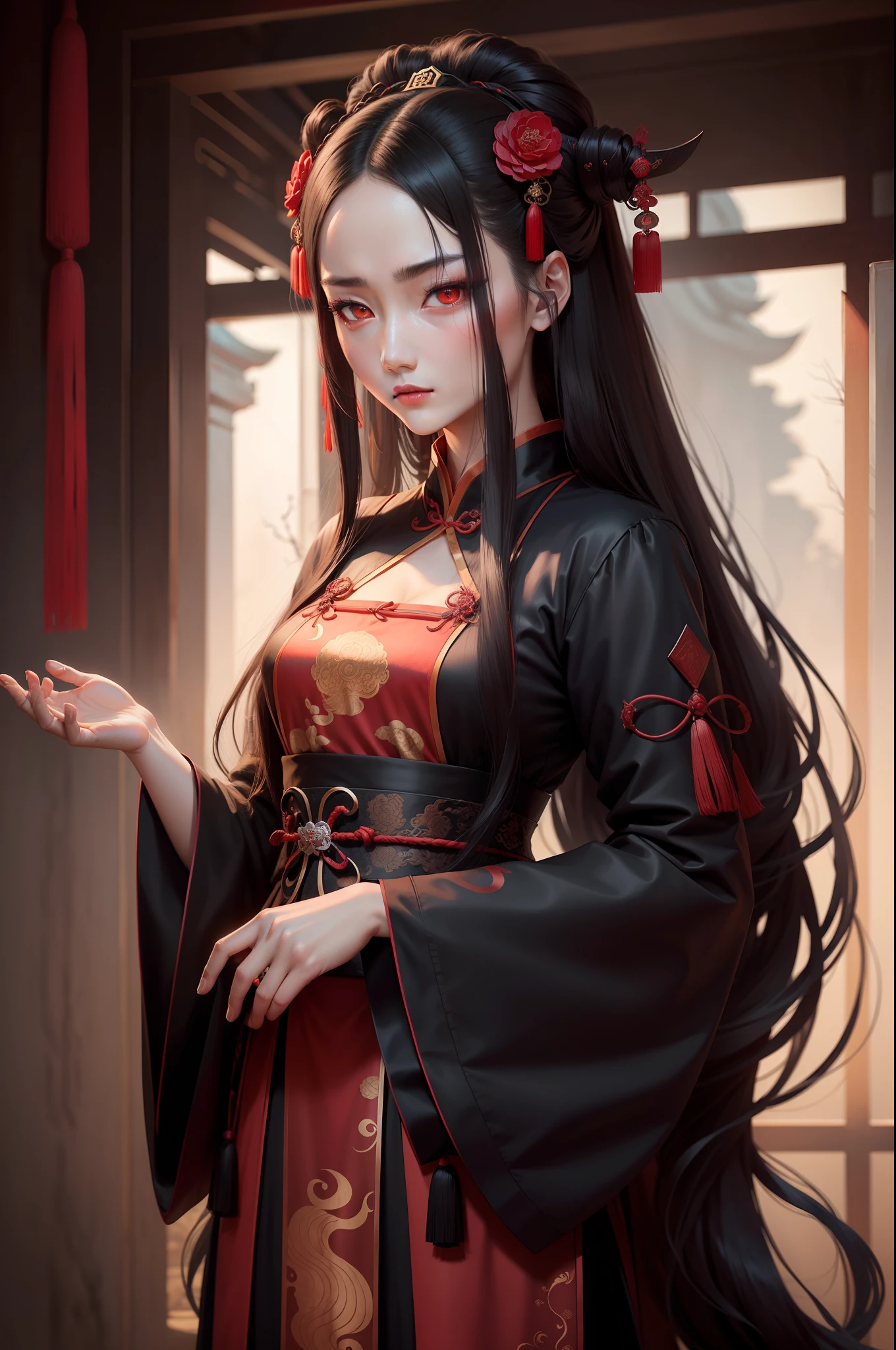 Longhaired Beauty，Tall and tall，tang dynasty，Ancient China，Red eyes，The eyes are cold and evil，Chinese face，Impeccable，delicated，Ancient Hanfu，Ancient clothes，（Background with：Dark and terrifying，Countless ghosts and souls，terroral，thriller）Cursed girl，Chinese horror