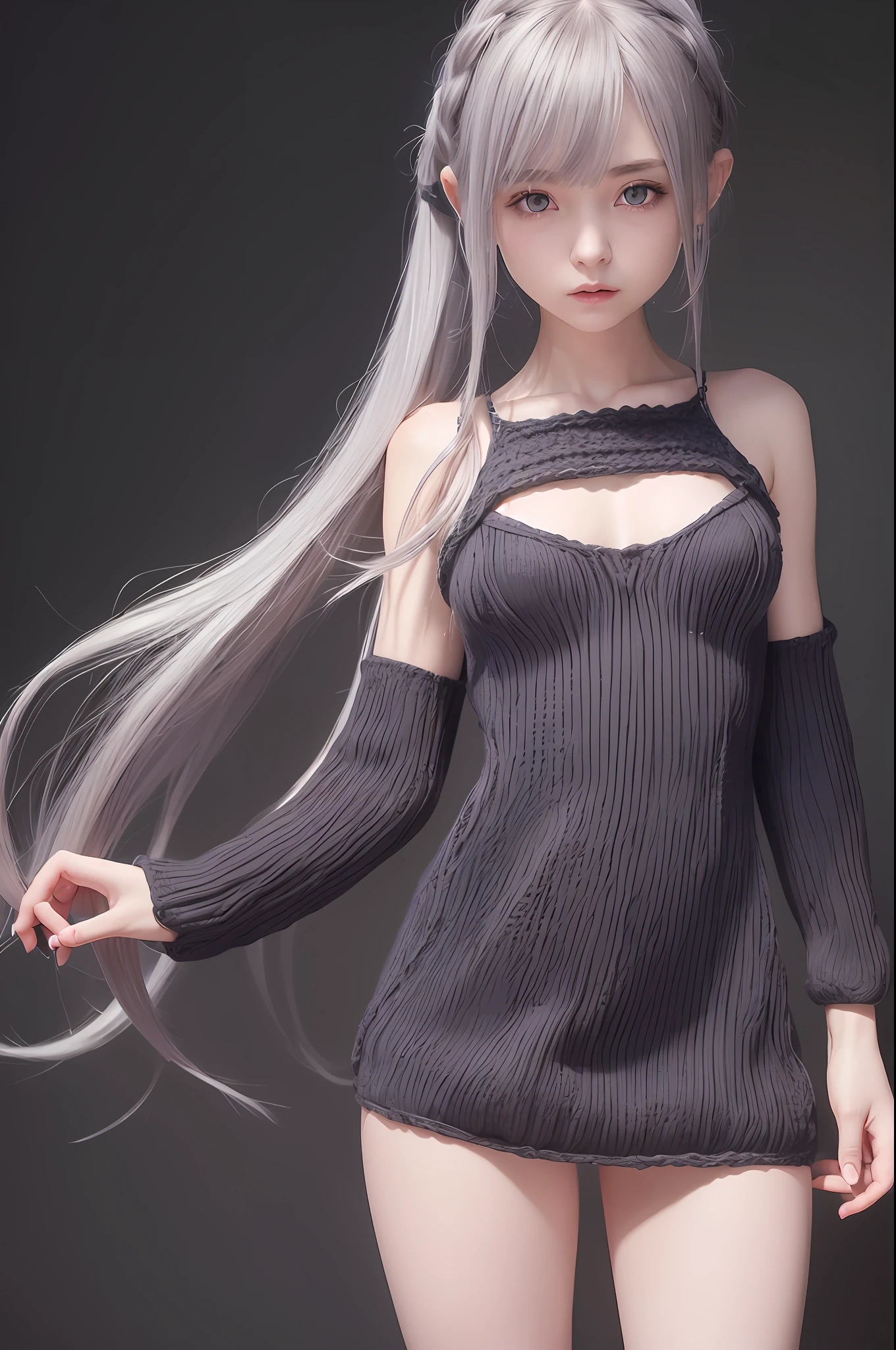 Detailed,8K, detailed shadow, Black background, Cute Girl, pale skin, Petite, Narrow waist, flat chest, Small breasts, Purple eyes, embarrassed, Gray hair, absurdly long hair, Wavy Hair, Ponytail, (Knitted mini dress that kills virgins:1.3)