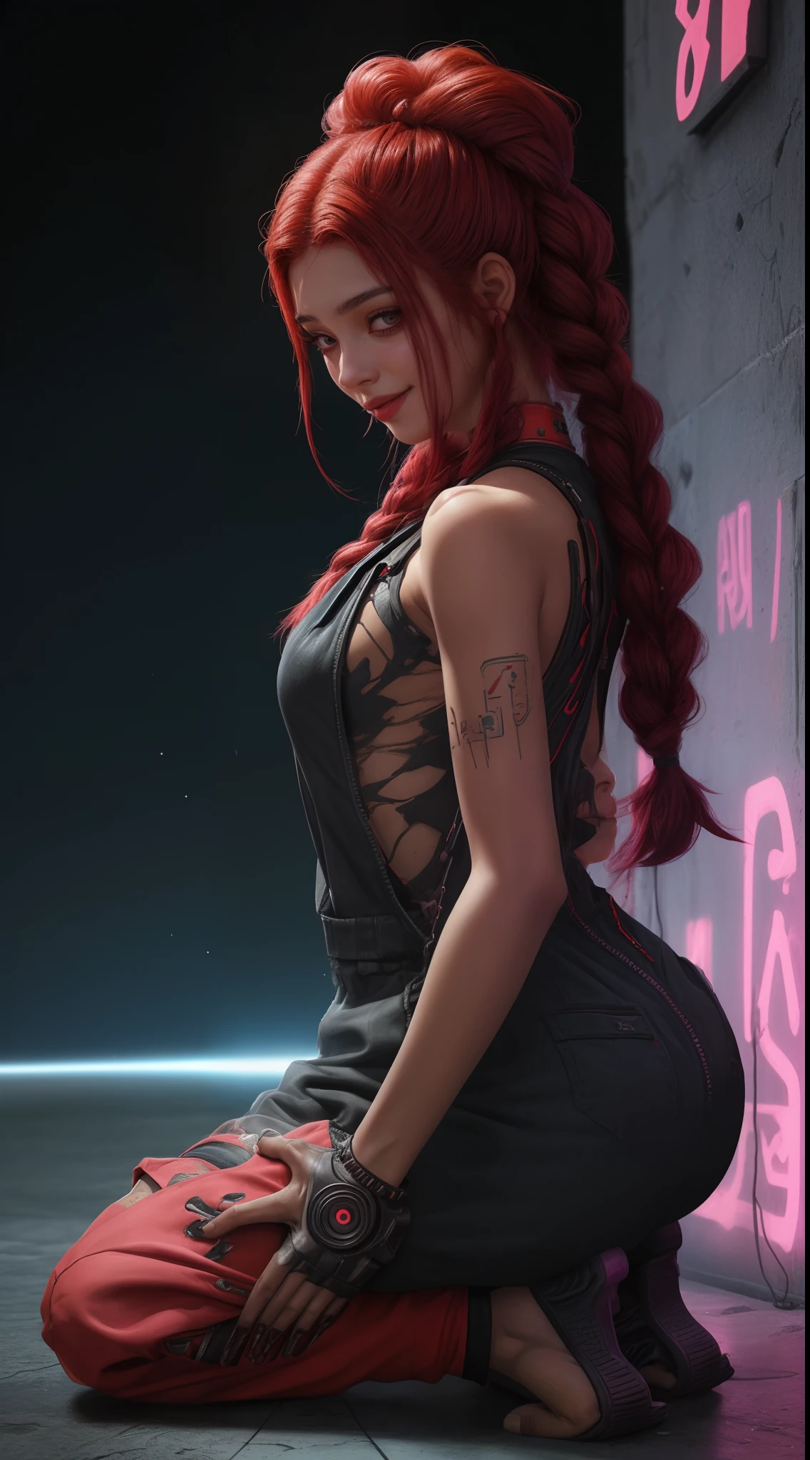 1 Egyptian girl smiling 18 years old in profile ,close up angle, red hair braids , Sexy short jumpsuit clothes,( torn shirtless jumpsuit),seios grandes , kneeling on the floor, (fundo cidade cyberpunk neon a noite) ,8K Ultra realista