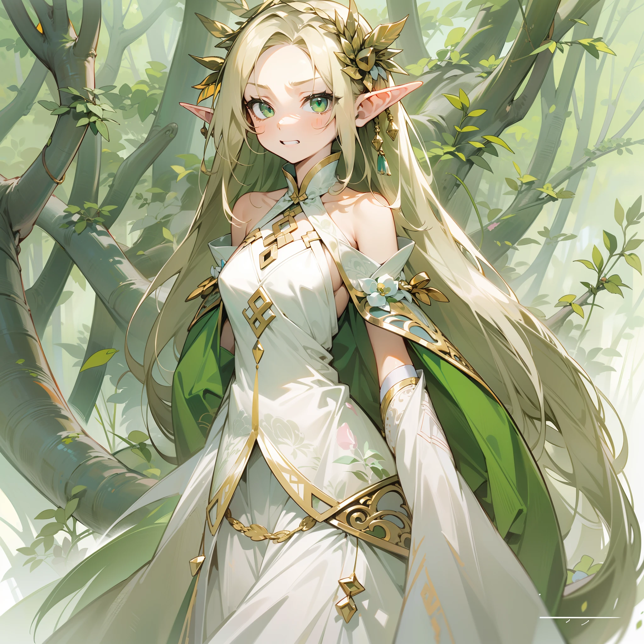 SFW,masutepiece, Best Quality, High resolution, 1girl in, upper body, Details Girl, detail hands, Detail fingers, Detail Face, detail legs, 1girl in, elf, watercolor paiting, pale skin, Petite, Blonde hair, Long hair, Wavy Hair, Green eyes, tareme, medium breasts, white sundress, Bare back,flower wall panel background,looking at viewer,[[tears]],smile