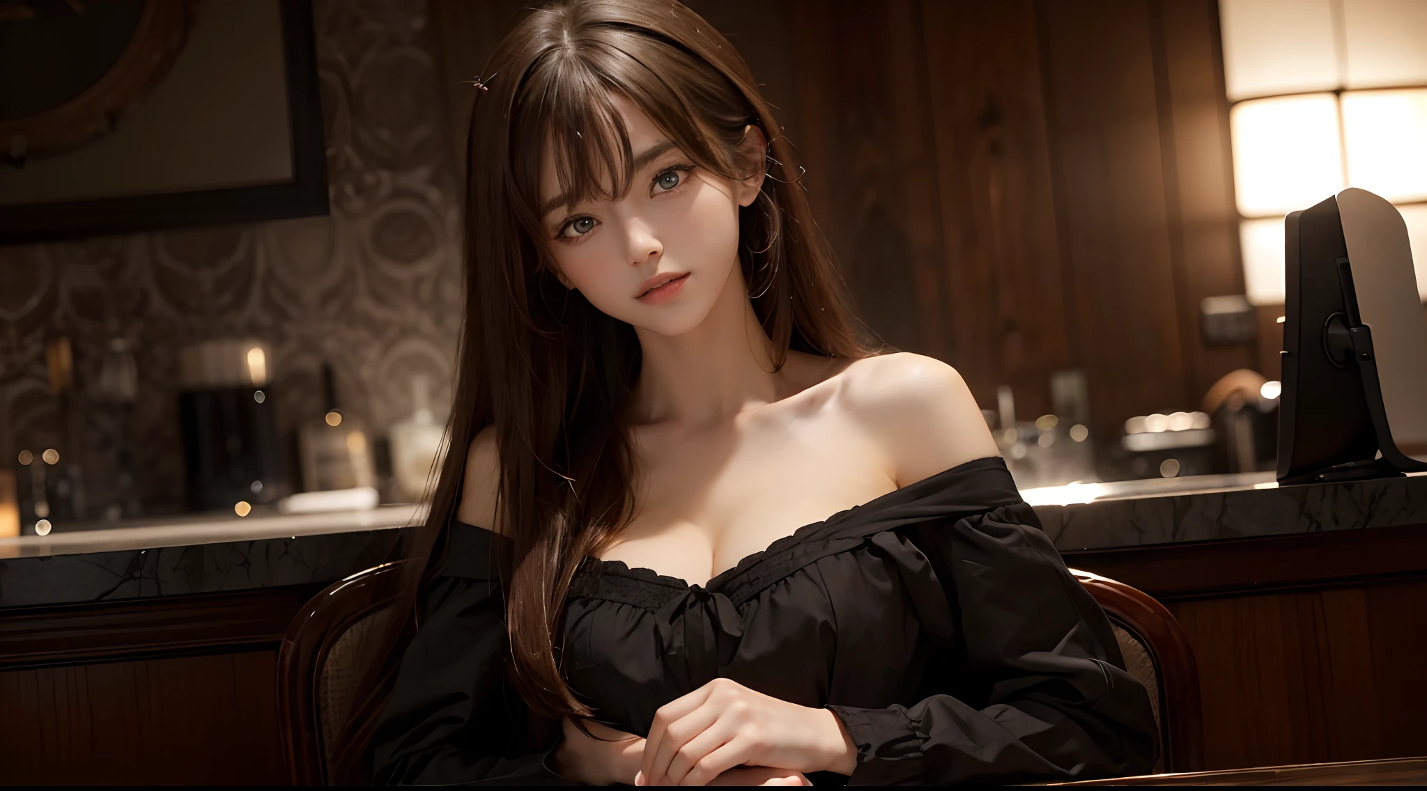 (Ultra Real), (Illustration), (High Resolution), (8K), (Very Detailed), (Best Illustration), (Beautiful and Detailed Eyes), (Best Quality), (Ultra Detailed), (Masterpiece), (Wallpaper), (Detailed Face), Solo, One Girl, Full Body, Staring Viewer, Fine Eyes and Mouth, Detailed Face, Bar Counter, In the Dark, Low Key, pureerosfaceace_v1, Smile, Long Hair, Dark blonde straight hair, bangs, sitting in a chair, beautiful teeth, blushing cheeks, fascinated look, complex off-shoulder clothes,