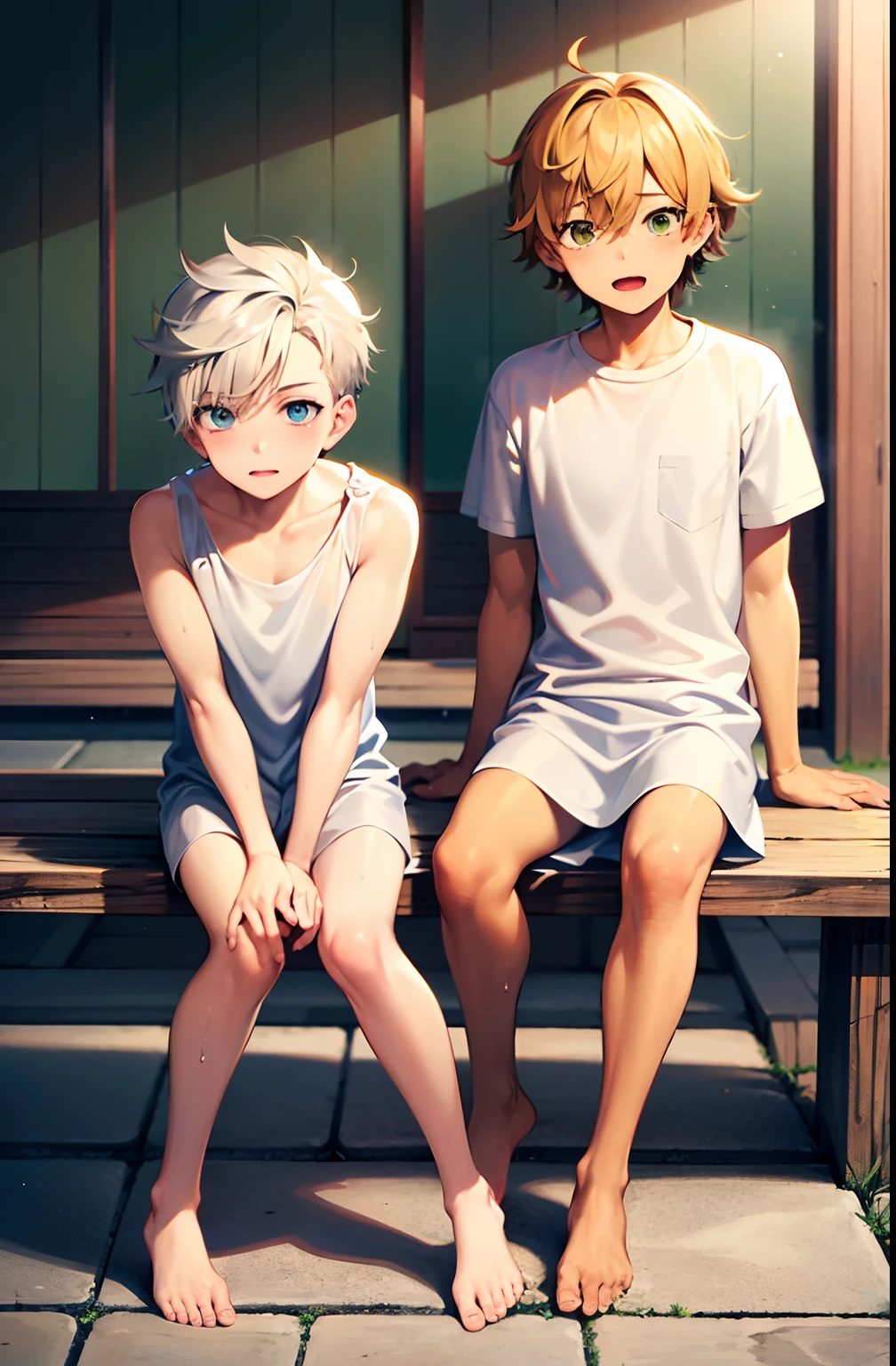 masterpiece, best quality, high quality,  2boys, , duo, male focus, full body, looking at viewer, yellow hair,spiky hair, no shirt, wearing white wet towel, steam smork, japan style,  anime coloring, shy, home muji style, detailed face, Japan style, friend is so shy, friend white spiky hair,