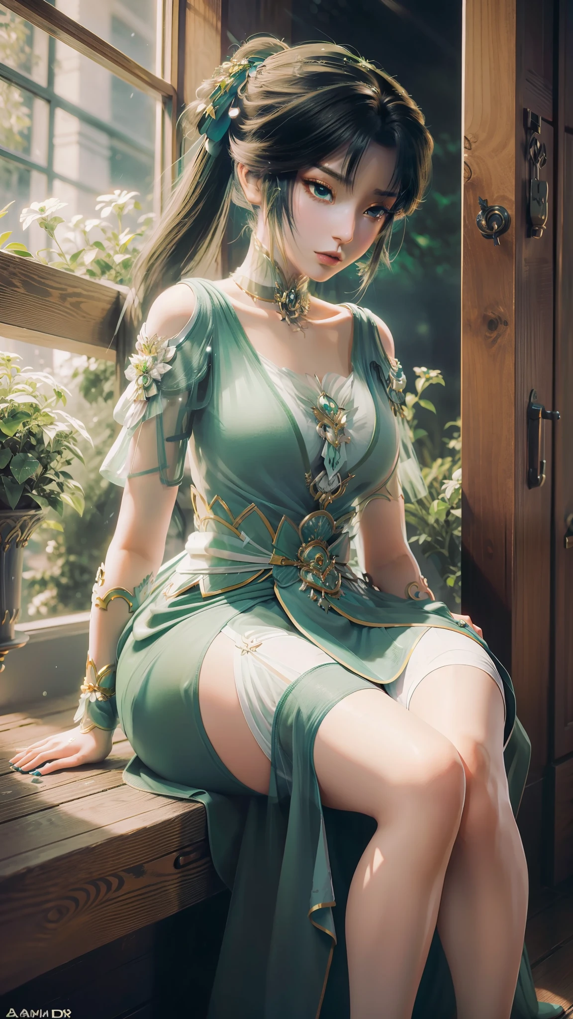 1 girl, short hair, red eyes, green hair, white dress, ultra details, ultra high res, 8k, normal hand, big breast,