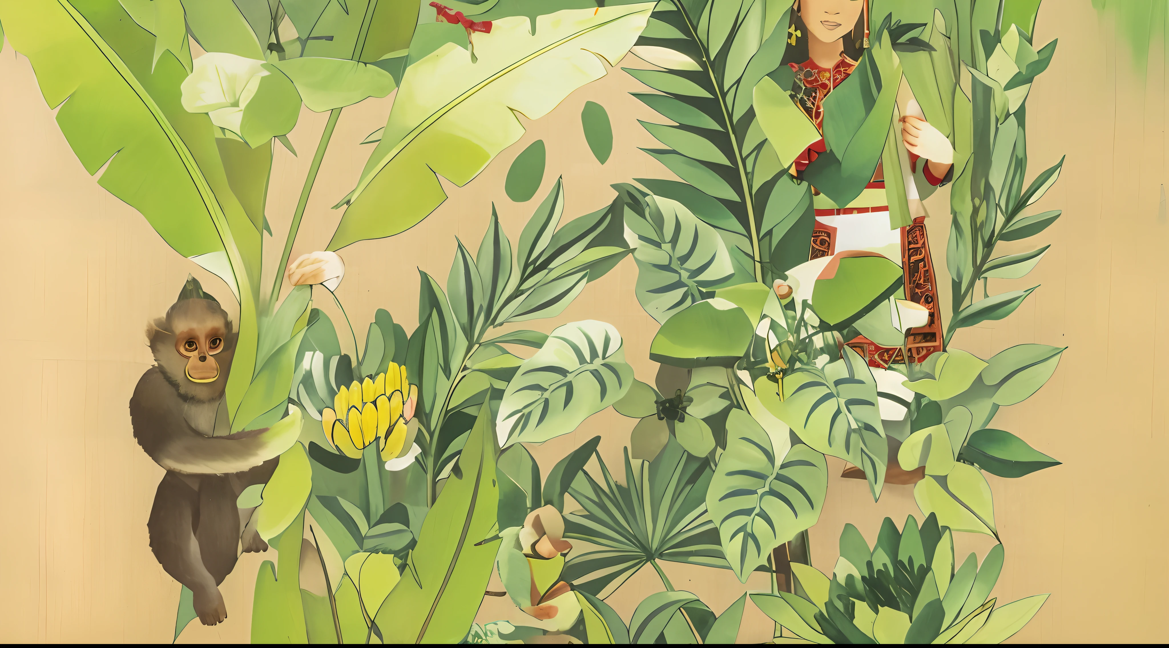 A girl in national costume in the grass,Yunnan large-leaved plant,Monkey climbing on plantain leaves