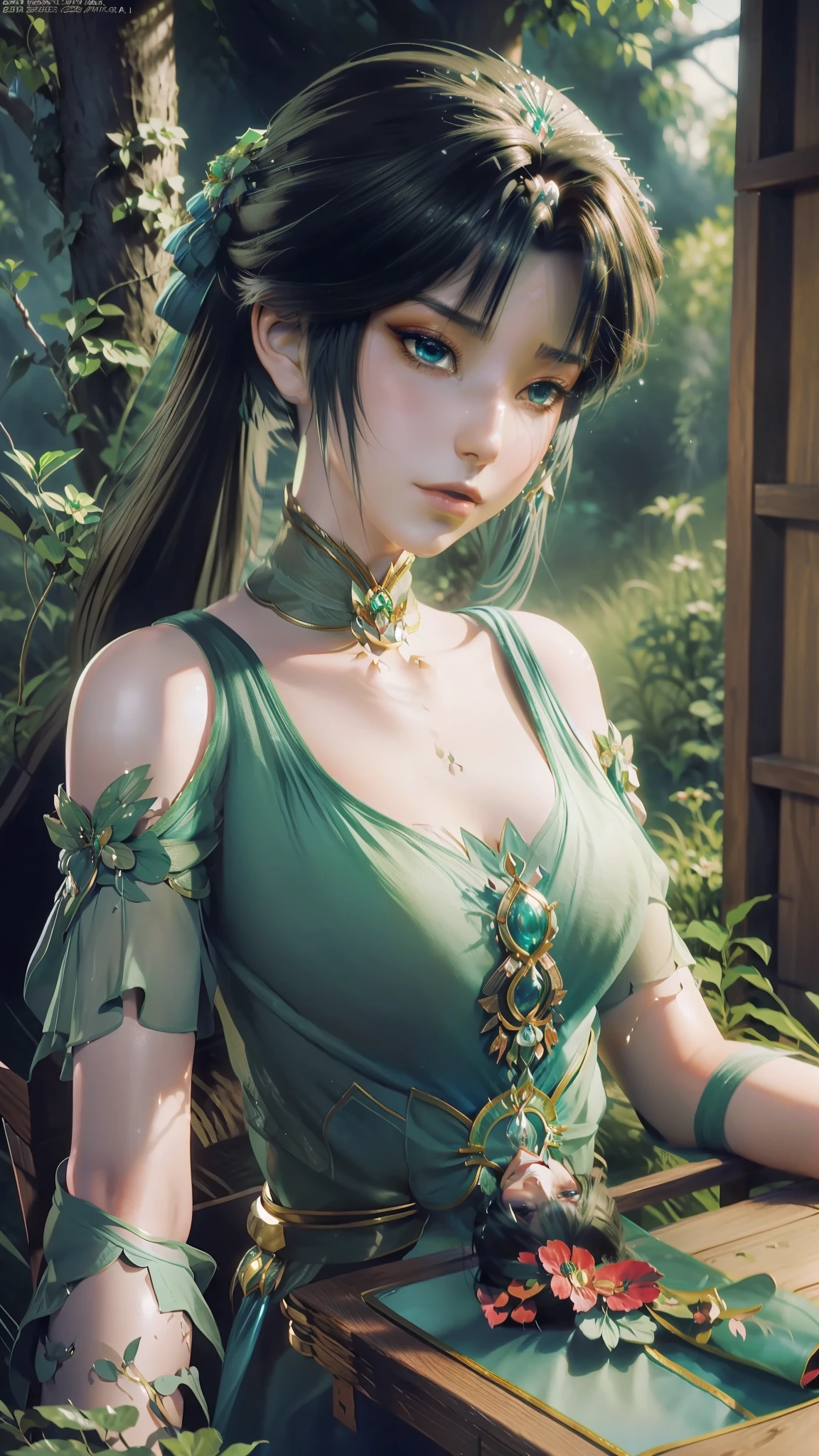 The Arad woman in the dress sits at the table, closeup fantasy with water magic, 2. 5 D CGI anime fantasy artwork, Anime fantasy illustration, Detailed digital anime art, beautiful fantasy anime, Smooth anime CG art, Anime fantasy artwork, 8K high quality detailed art, Realistic anime 3 D style, ultra detailed water, beautiful and seductive anime woman