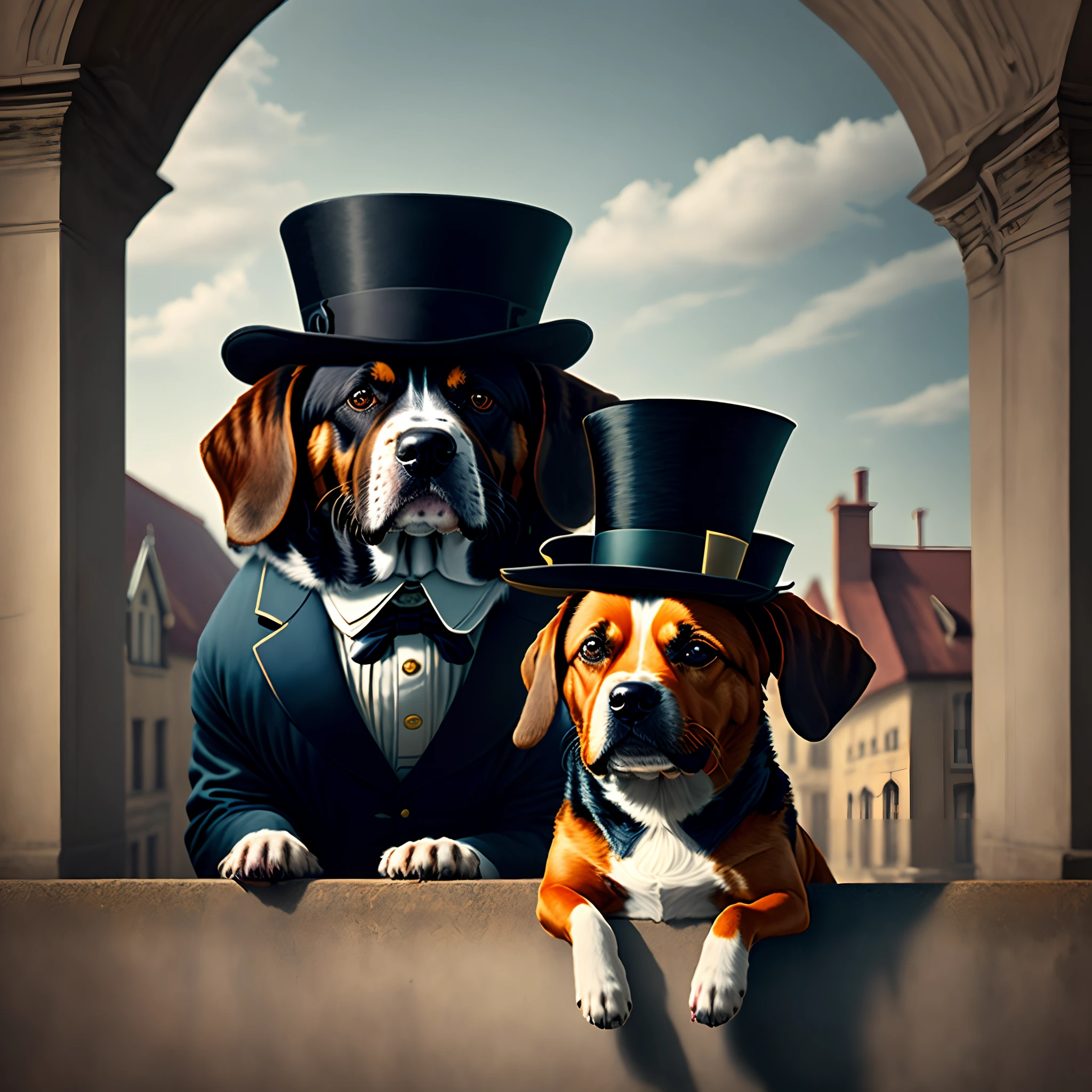 there is a dog that is sitting on a ledge with a hat, a portrait by Etienne Delessert, pexels contest winner, surrealism, dignified aristocrat, dapper, he looks very sophisticated, wearing a tophat, he is wearing a top hat, animal wearing a hat, archwizzard in a hat, wearing a top hat