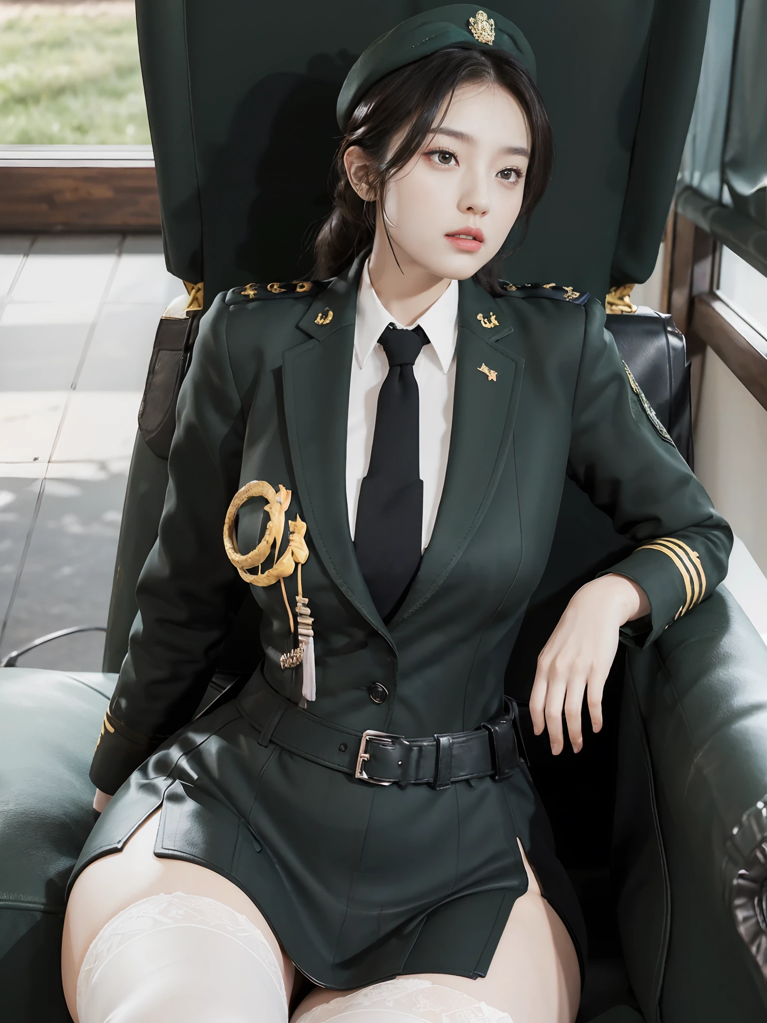 Very detailed CG unity 8K wallpaper，（tmasterpiece），（best qualtiy），（ultra - detailed），（Ultra photo realsisim），（best character detail：1.36），Nikon D750 f / 1.4 55mm，profesional lighting， physically-based renderingt, 1girll, Female soldier，army suit，Green military uniform，Fabric texture military uniform，Dark green tie，Army green skirt，military hat，Black hair，the golden ratio,[:(com rosto detalhado:1.2):0.2]:,PureErosFace_V1, broad shoulder,(Bigchest:1.5),(big assa:1.5)，Wide buttock ，Bare legged，Plump legs，Move the center of gravity back，Squat on the grass，Spread your legs apart，The skirt covers the bottom of the skirt，whitestocking，Small black leather shoes，hands lying on thighs，Soaked with sweat，red flags，At the cafe，Night Street，bright sun，Look at the audience from the front，Bright smile，White teeth，lighting，Contre-Jour，