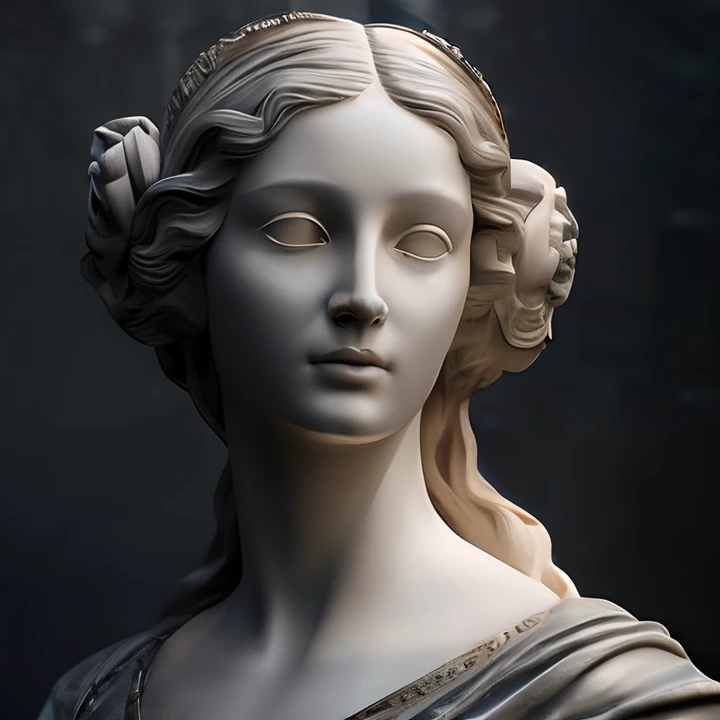 Greek goddess Themis, statue head floating made from 'balance and order', center composition, ultra detailed, ultra realistic studio photography, dark background, hasselblad, layout, marble bust, sculpture (black backdrop: 1,3)