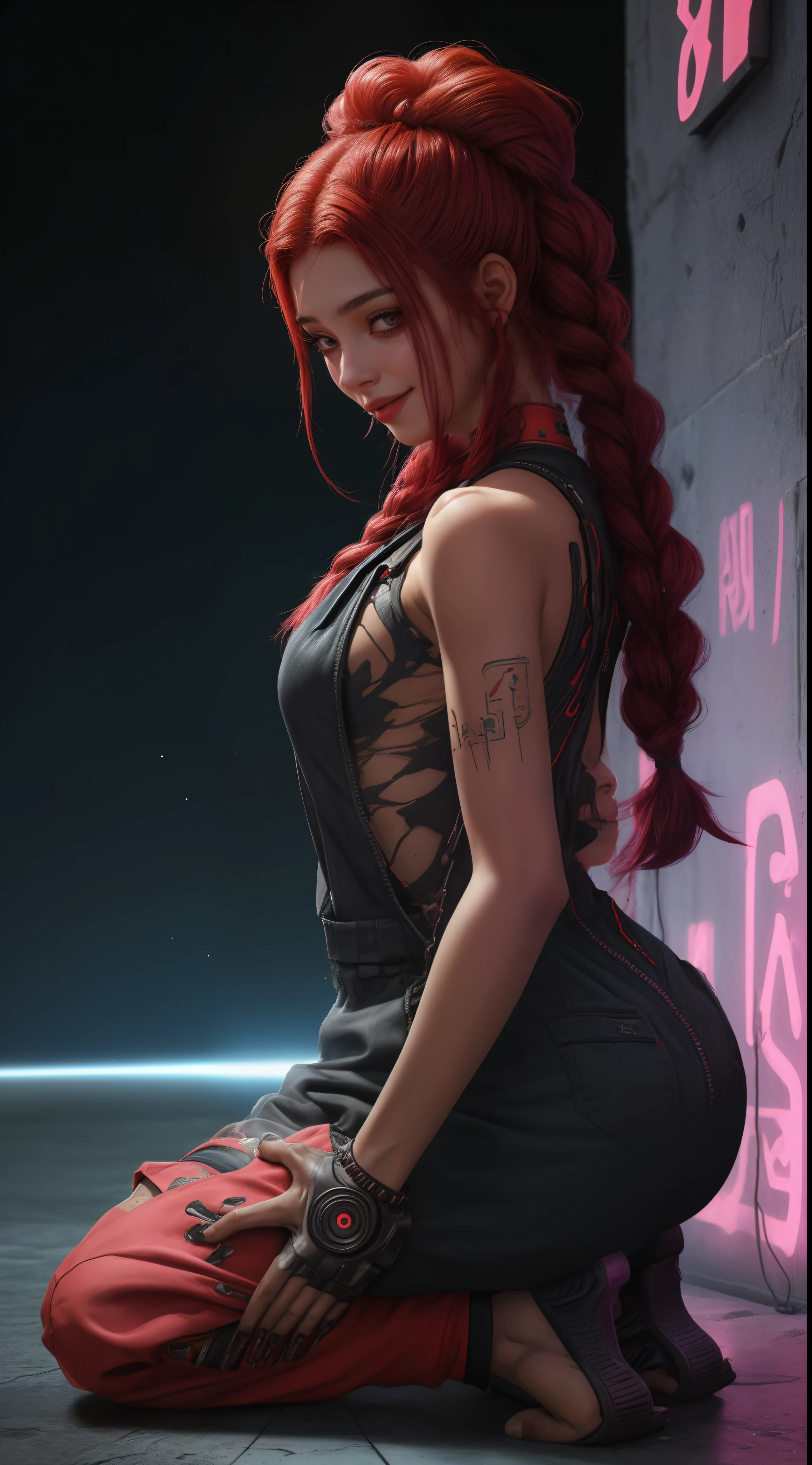 1 Egyptian girl smiling 18 years old in profile ,close up angle, red hair braids , Sexy short jumpsuit clothes,( torn shirtless jumpsuit),seios grandes , kneeling on the floor, (fundo cidade cyberpunk neon a noite) ,8K Ultra realista