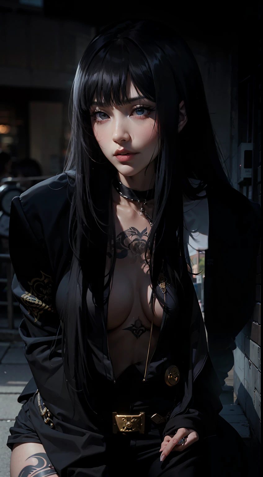 A gangster boss on the streets of Japan， A group of gang members stood behind，angry look，Mixed Korean，The background is blurred out，focal，电影灯光，(((tmasterpiece))), ((best qualtiy)), ((Complex and detailed)), ((ultra-realistic realism)), Ridiculous resolution, A MILF, Mature woman, ssee-through, highly  detailed, illustratio, 1girll, (huge tit), Thin waist and thick hips，long leges，beatiful detailed eyes, short detailed hair, brunette color hair, a purple eye, (Gangster suit:1.2),Tattooed with，Large flower arms，Full of tattoos，Japanese yakuza，Kamami Yamaguchi，Japanese Yamaguchi-gumi，Japanese yakuza woman，The Underworld，full tattoo，Gangster boss，Lunette de soleil，Gangster godfather，and there is blood on the corners of your mouth，Gang boss，There are scars on the face，bandage on hands，Bloody violence，Sexy and feminine，（No underwear），pantiess, detailed back ground, perfect  eyes, Seductive eye, （nice hand），Detail hands，looking at viewert，From the front，Wear light，Light a cigarette，Suit thugs，