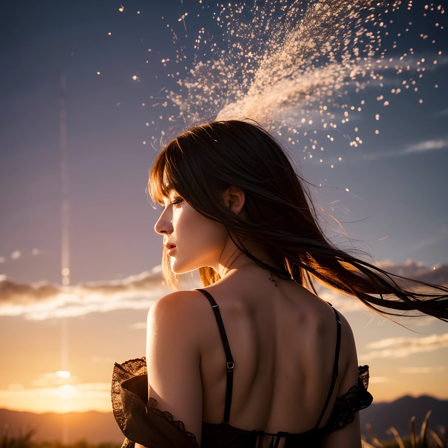 (best quality, masterpiece), 1girl, lingerie, big breqst, samurai, particle, wind, looking at viewer, fox ear, monsters in background, backlighting, upper body, pose