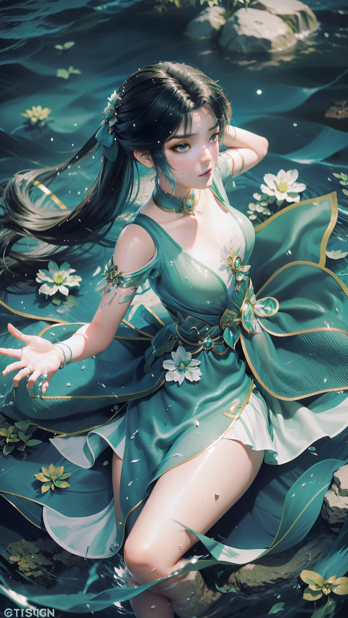 Arapei in a dress stands in the water, Anime girl walking on water, closeup fantasy with water magic, azur lane style, trending on cgstation, Anime girl cosplay, seraphine ahri kda, Splash art anime Loli, trending at cgstation, realistic water, water fairy, WLOP and Sakimichan