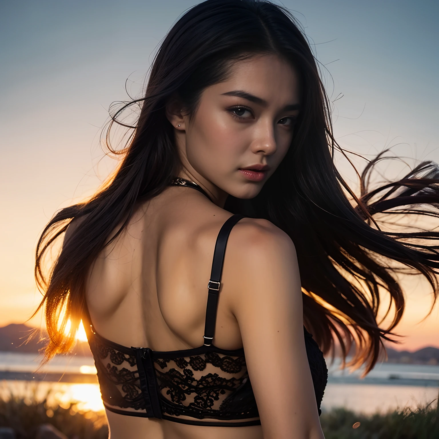 A photo of a Japanese woman with a bold composition that looks like it was taken by a famous art photographer, (((blockbuster art photography)), (8K, Highest quality). Stunning composition using models with outstanding proportions. 自信に満ちたバランスが際立つPerfect beautyモデル, ((Highest quality質)), ((masterpiece)), (be familiar with:1.4), ((Highest quality質のリアルな写真)), ((Shot with Hasselblad)), ((Highest quality real-life photos)), Beautiful womanの画像,Super-resolution,Slim and perfectly proportioned, Beautiful woman, ((Highest quality質, 8k, masterpiece: 1.3)), Beautiful Japanese woman, 1 female, Slender figure: 1.1, Perfect beautyの20歳, (Realistic: 1.4), ahegao, Shining Sweat, thin, Art photo composition with space around the woman, See-through, garter belt, The beautiful Aegean Sea in the background, Writing like a classic movie, Anatomically correct hand, Anatomically correct legs, anatomically correct whole body, ((From below:1.45))、((Perfect beauty)), ahegao,((Lace Underwear)), ((Hands behind head)), (Wet and shiny tongue). ((Perfect beauty)), 20 year old Japanese woman,