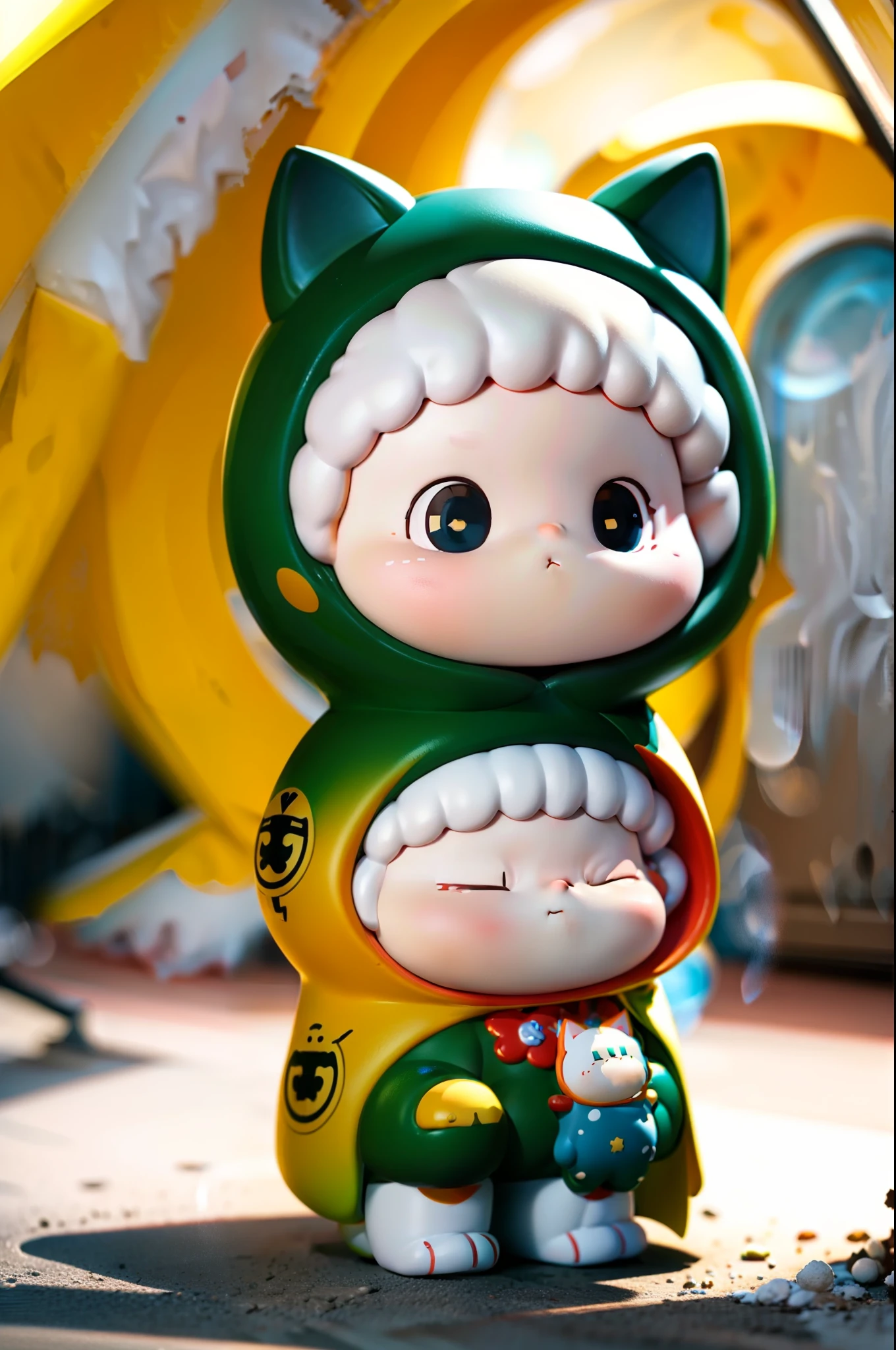 Lonely children,Big head doll,The expression is lonely,With his eyes closed,Cat plush full coat,squatting on the ground,Hold your legs with both hands,Inside the glass box,clean backdrop,Add details,Full body like,fluorescent light,cold shades,Glow-in-the-dark effect,Q version figures,Bubble Mart,exquisitedetails,3Drenderingof,Best quality at best,4K,hd render,Trendy toys,Clay material