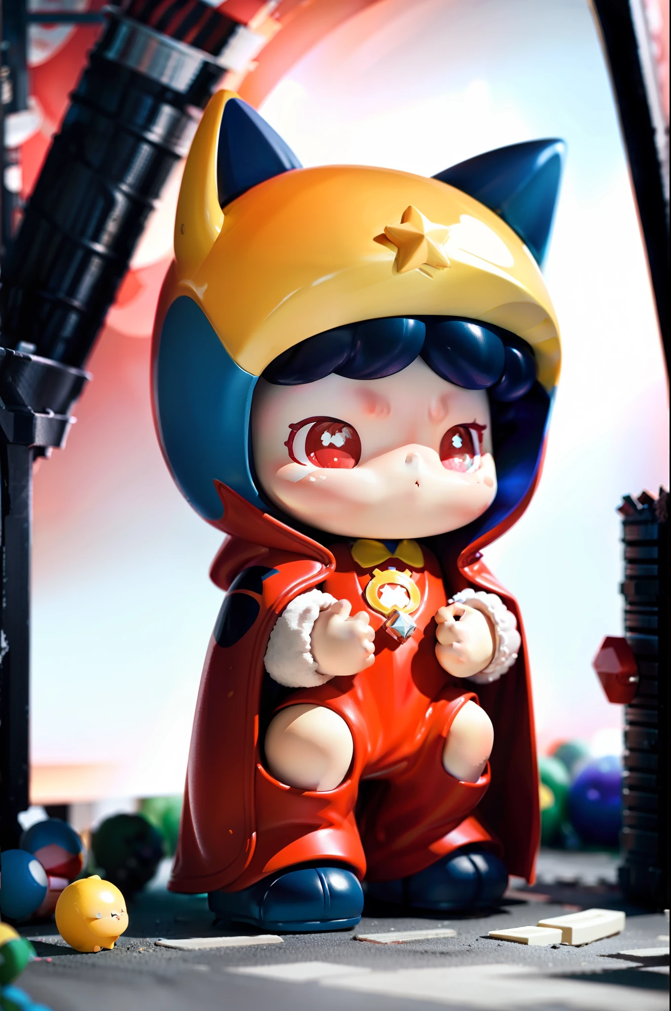 A big-headed doll,The expression is lonely,With his eyes closed,Pout,Blue coat,blue trouser,Red cape,A pentagram on the chest,squatting on the ground,Hold your legs with both hands,Inside the glass box,clean backdrop,Add details,Full body like,fluorescent light,cold shades,Glow-in-the-dark effect,Q version figures,Bubble Mart,exquisitedetails,3Drenderingof,Best quality at best,4K,hd render,Trendy toys,Clay material